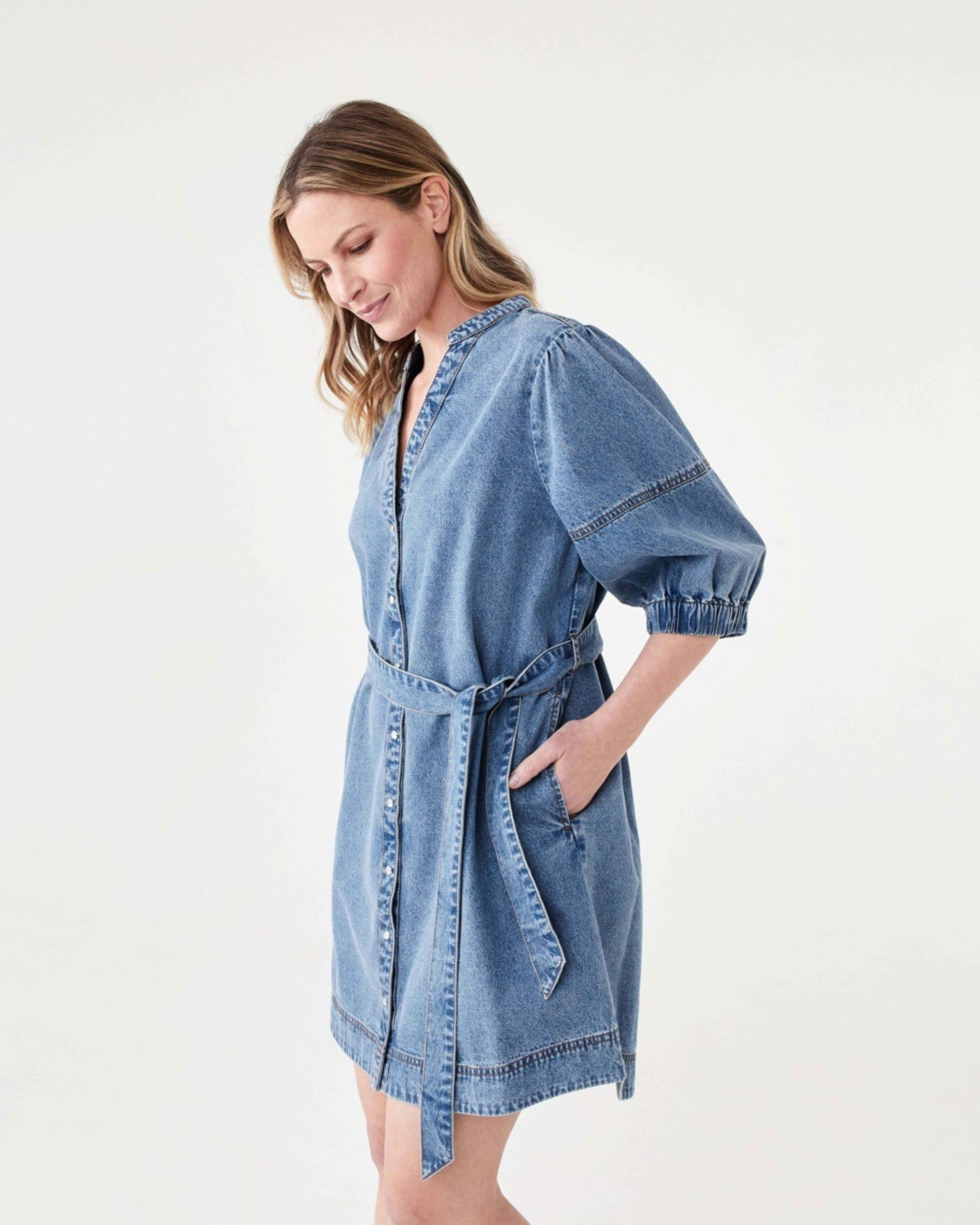 2 Short Sleeve Denim Puff Sleeve Mini Dress LIGHT DENIM WASH, 2 of 6