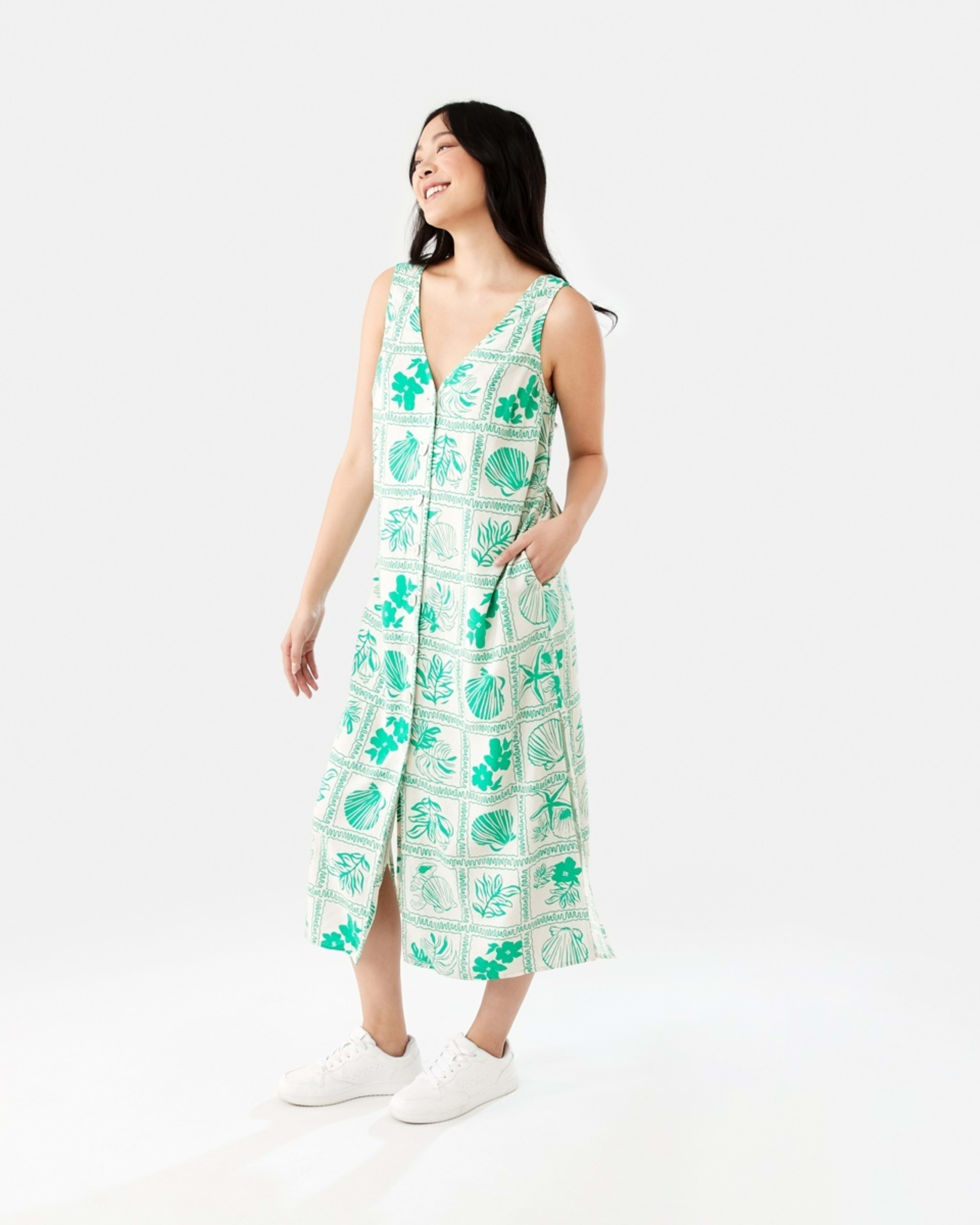 3 Sleeveless Longline Button Through Midi Dress SHELL GEO SIMPLY GREEN, 3 of 9