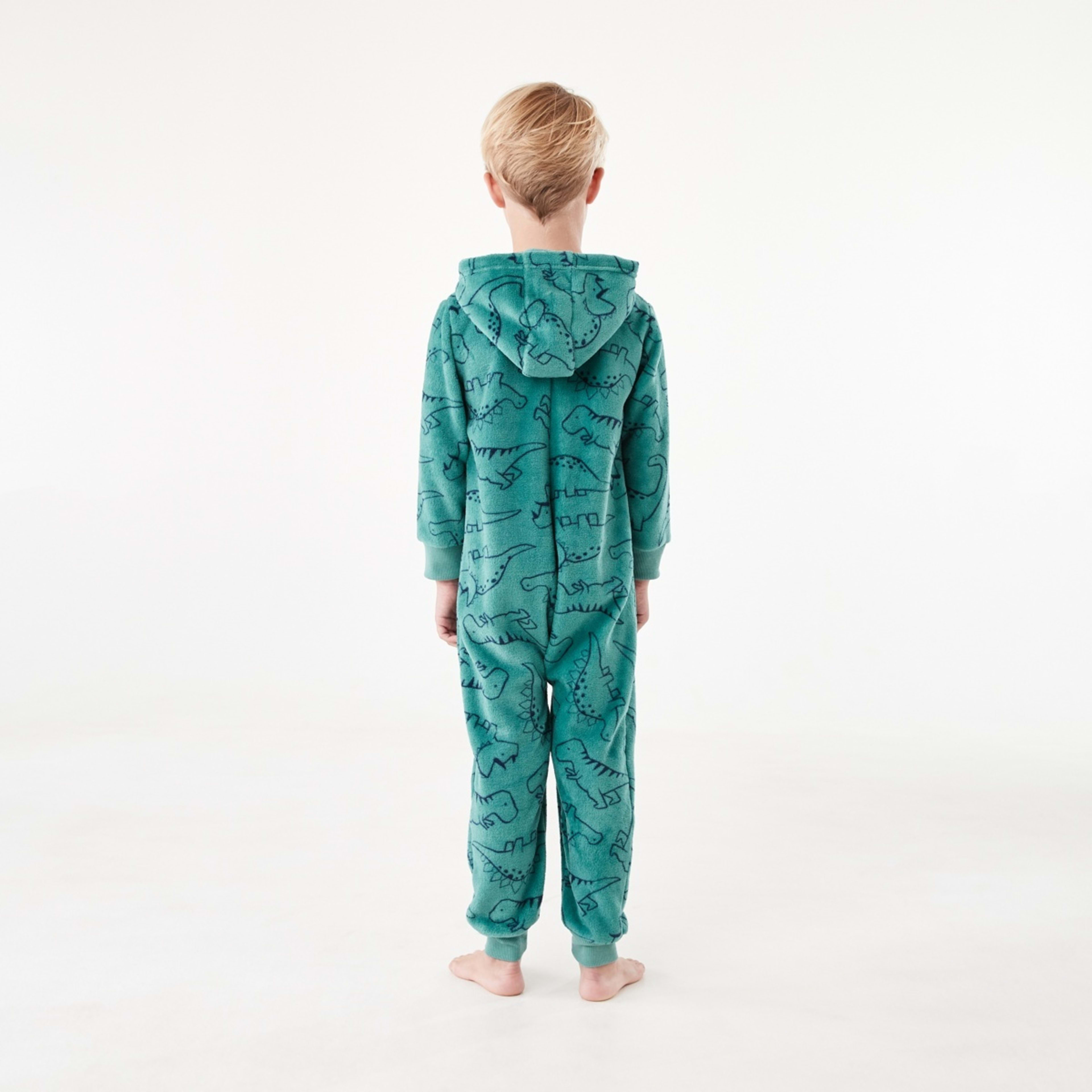 2 Novelty Fluffy All-In-One Sleepsuit Green Dino Linework, 2 of 9