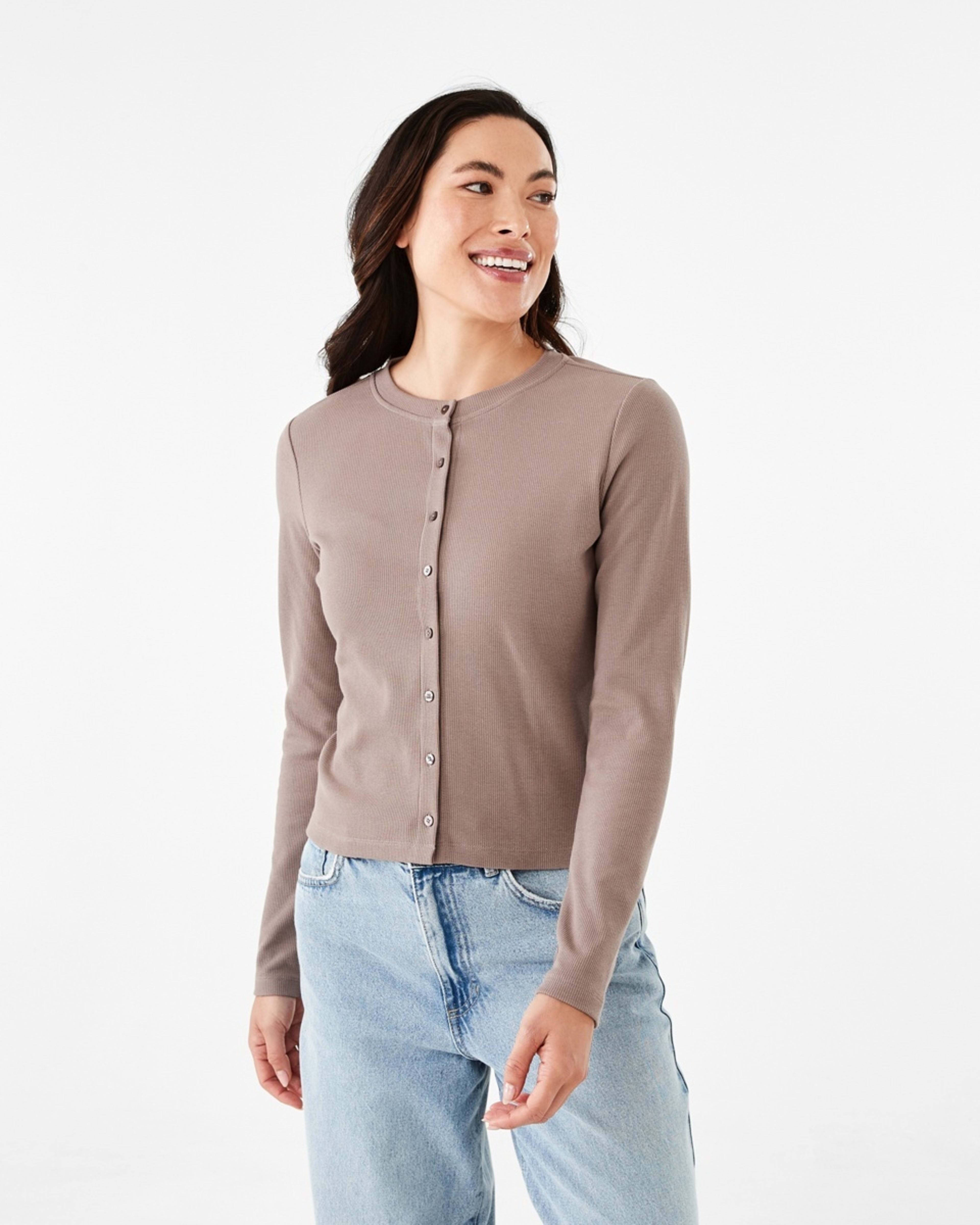 1 Long Sleeve Rib Button Front Top Taupe Brn, 1 of 6