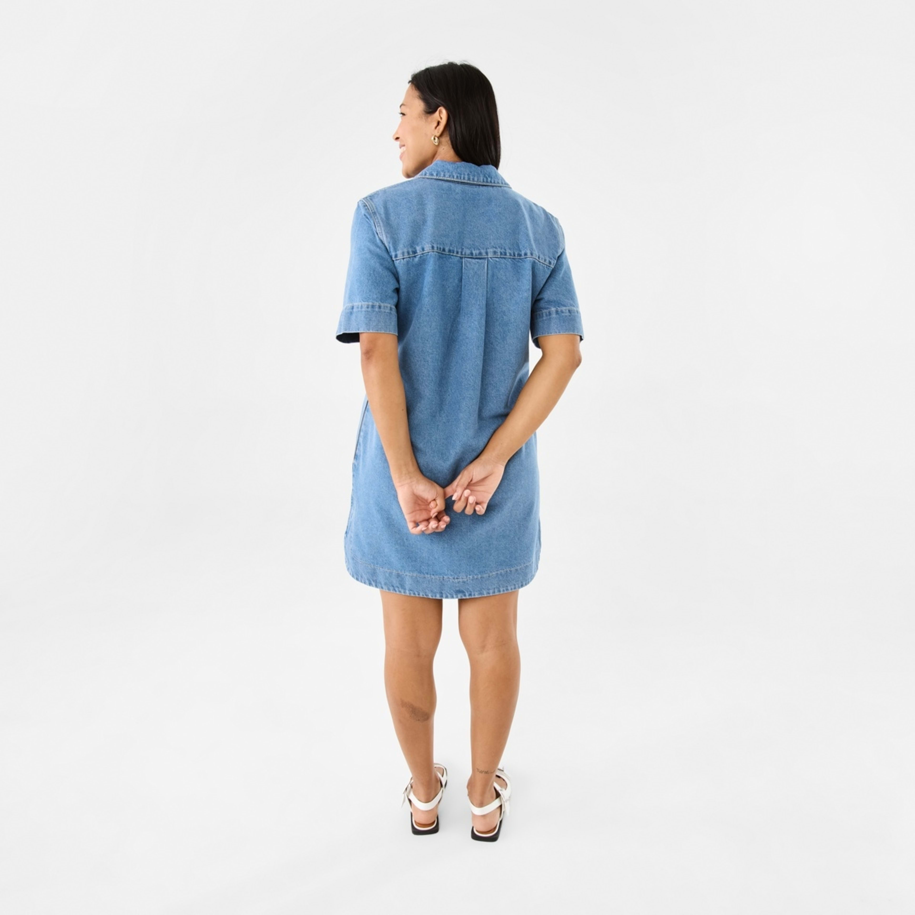 5 Short Sleeve Boxy Denim Mini Dress Light Wash, 5 of 11