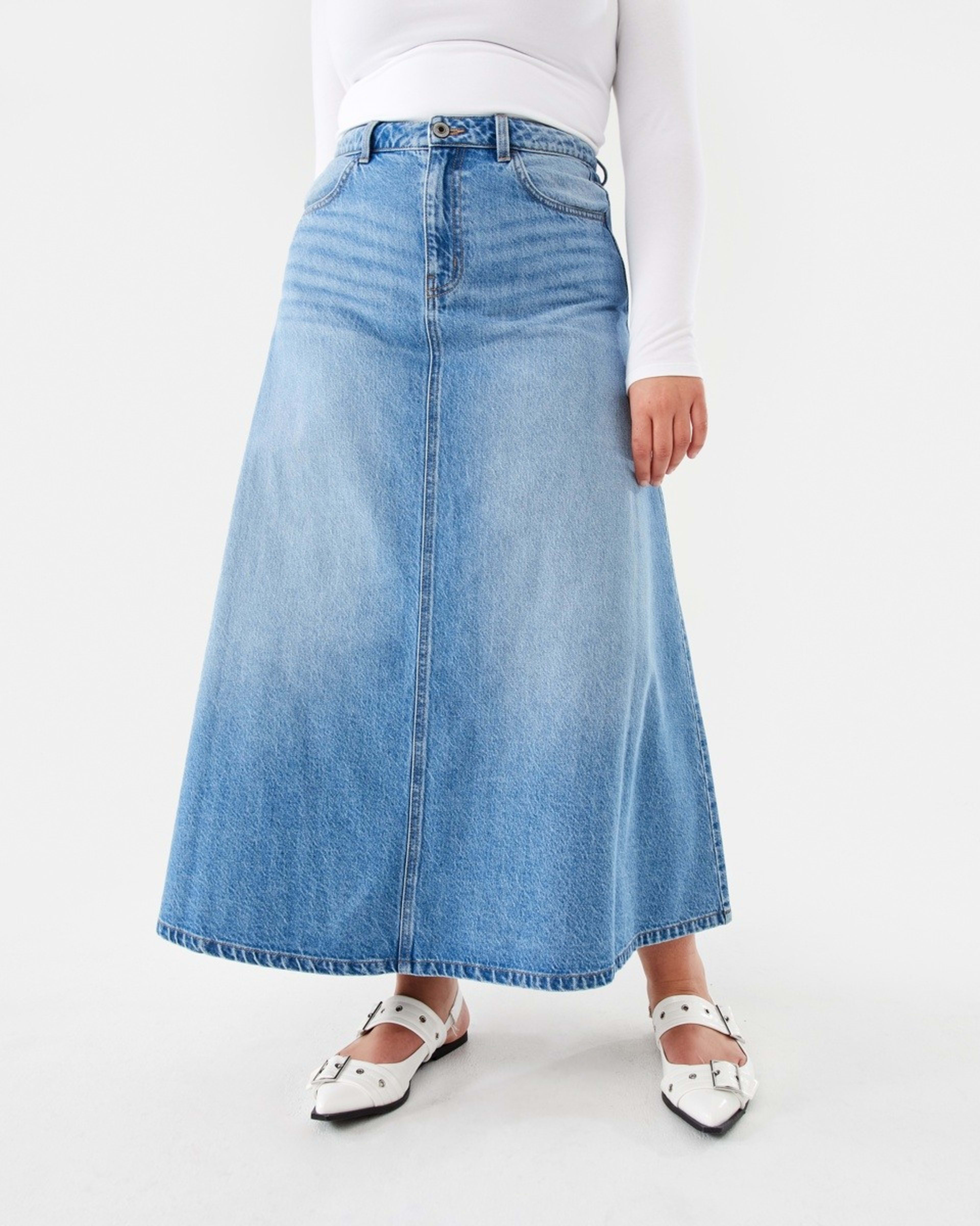 1 Denim A-Line Maxi Skirt Mid Wash