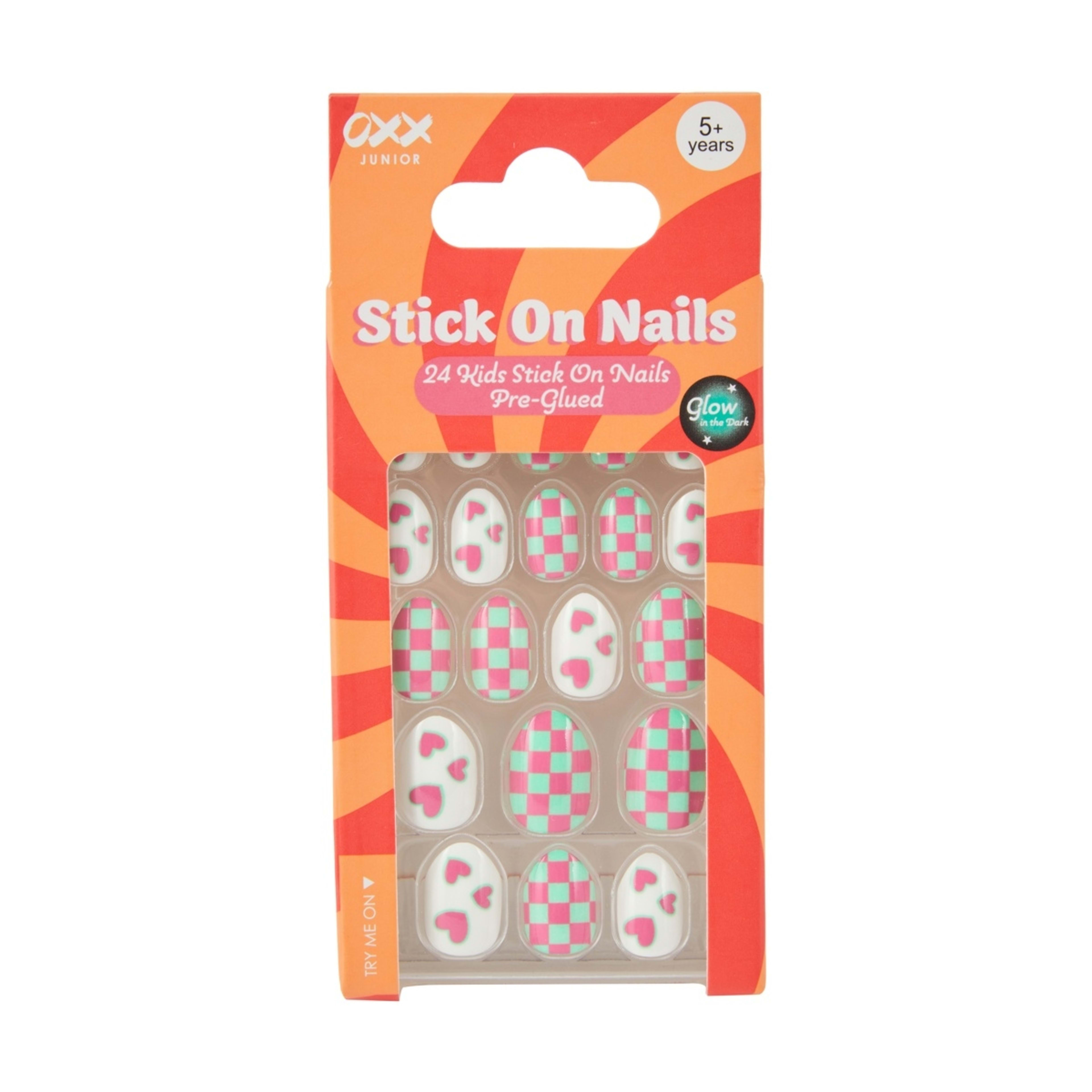 1 OXX Junior 24 Pack Pre-Glued Stick On Nails - Almond Shape, Glow in the Dark