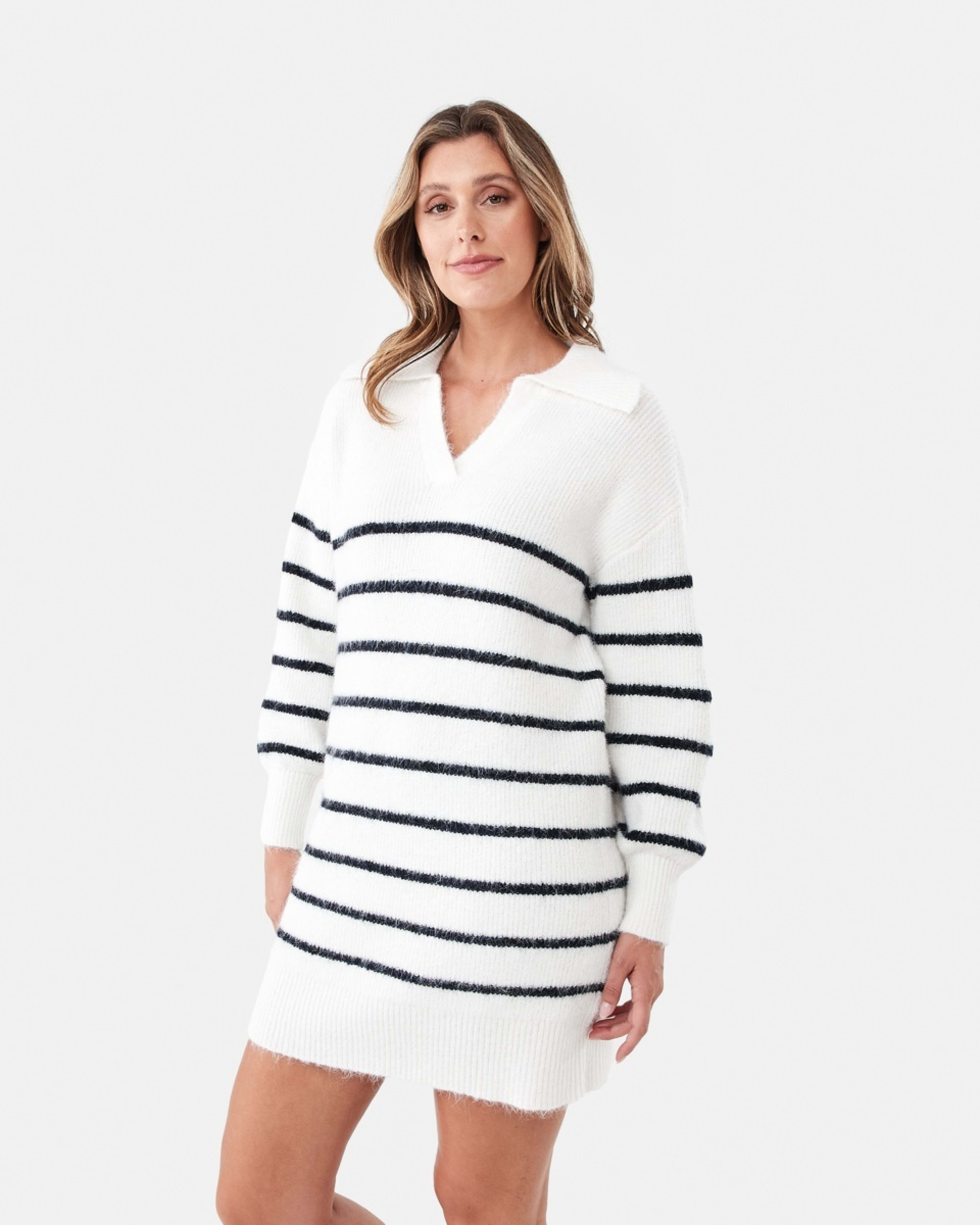 2 Long Sleeve Collared Knit Mini Dress Navy Strp, 2 of 6
