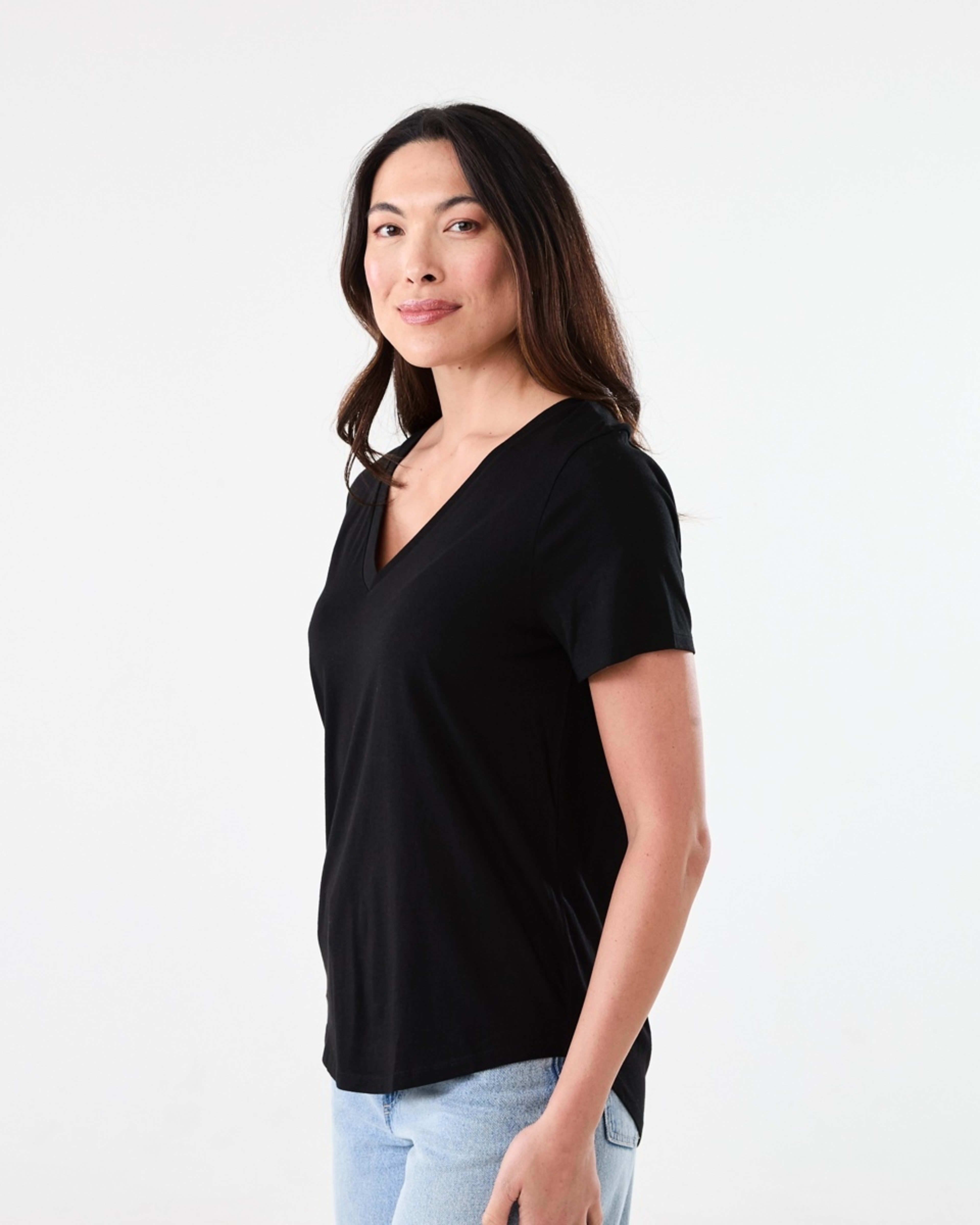 2 Short Sleeve Cotton Modal V-Neck T-shirt Black, 2 of 5