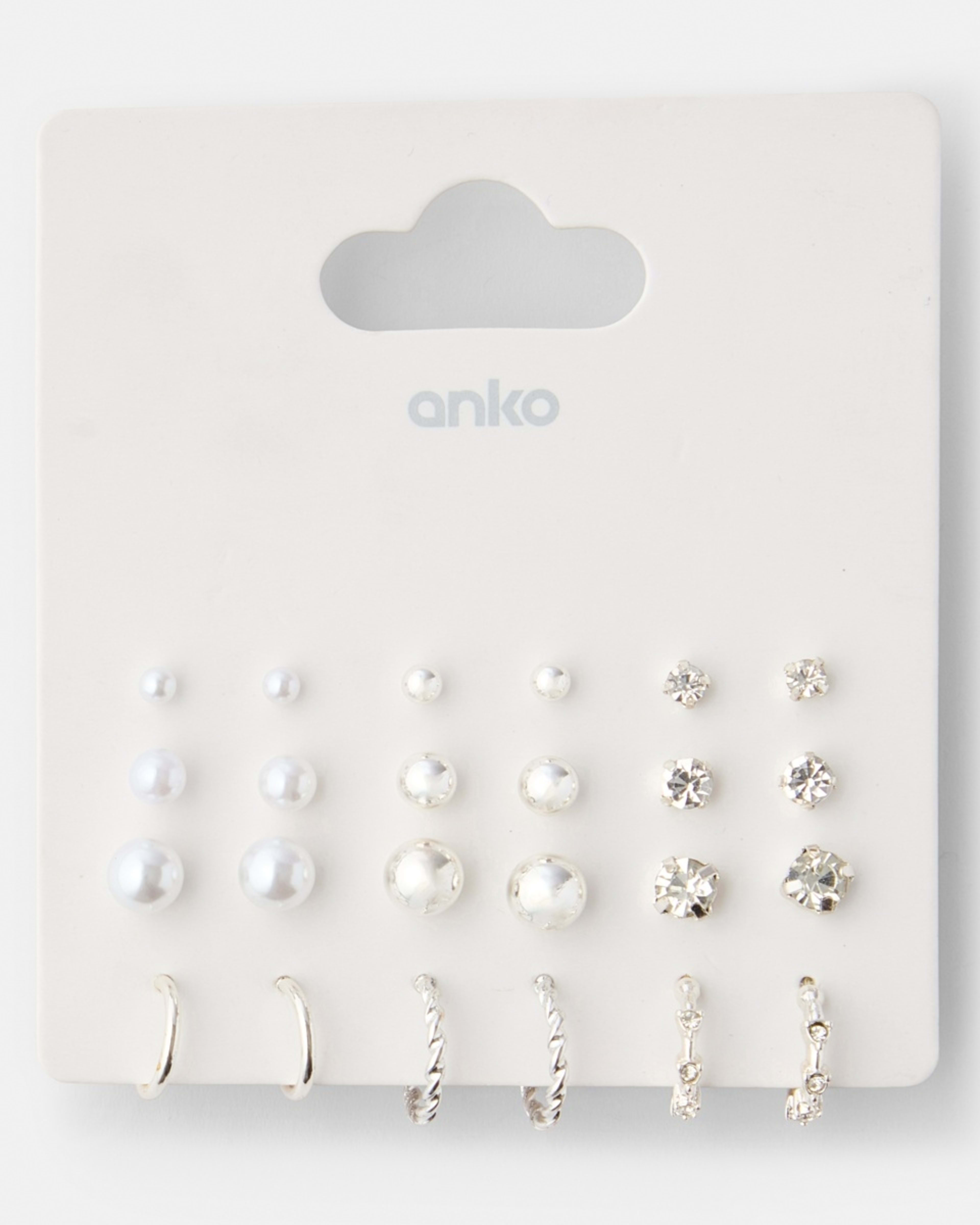 5 12 Pack Diamante Faux Pearl Hoop and Stud Earrings - Silver Tone Silver, 5 of 5