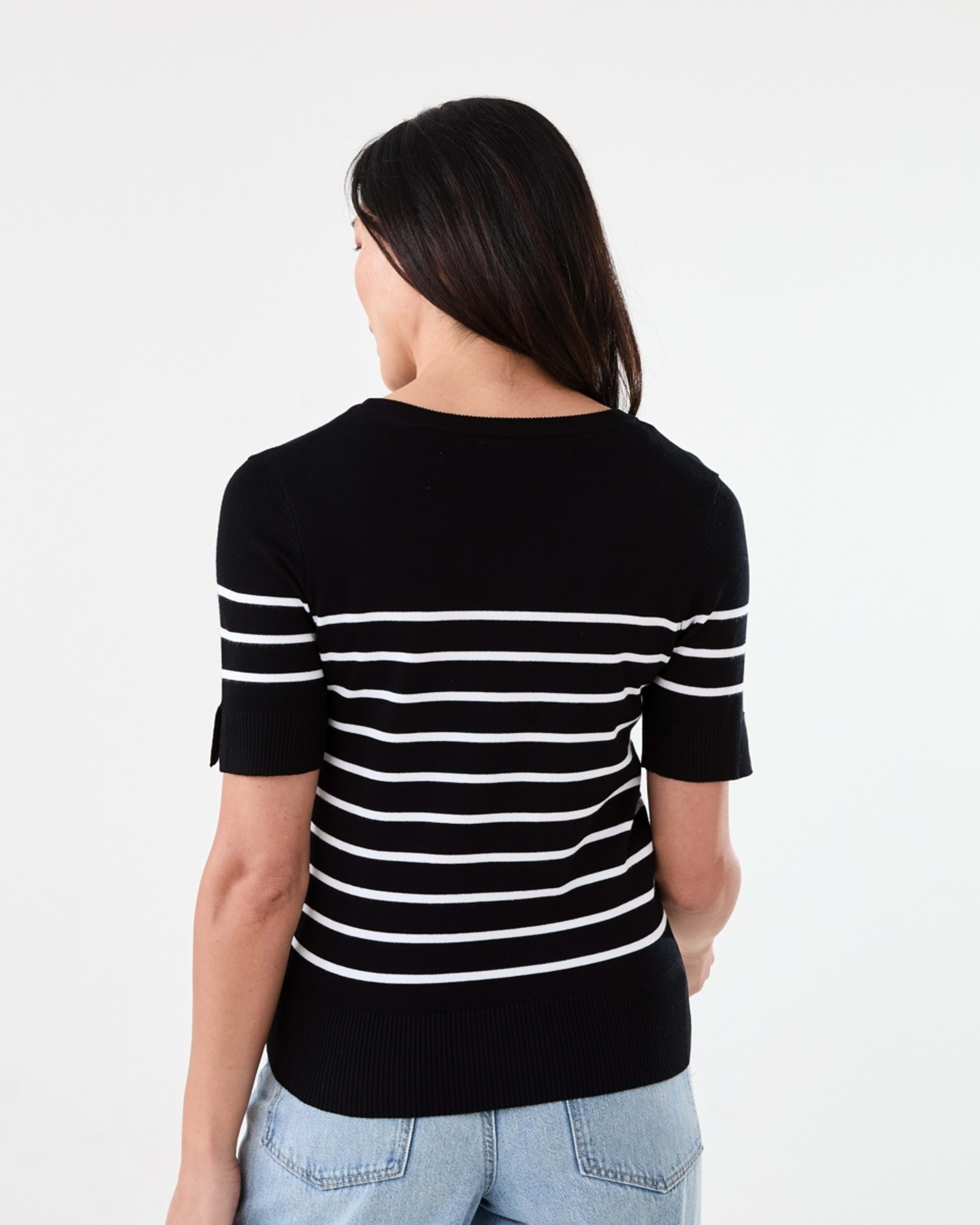 3 Short Elbow Sleeve Scoop Neck Top Ecru Strp, 3 of 6