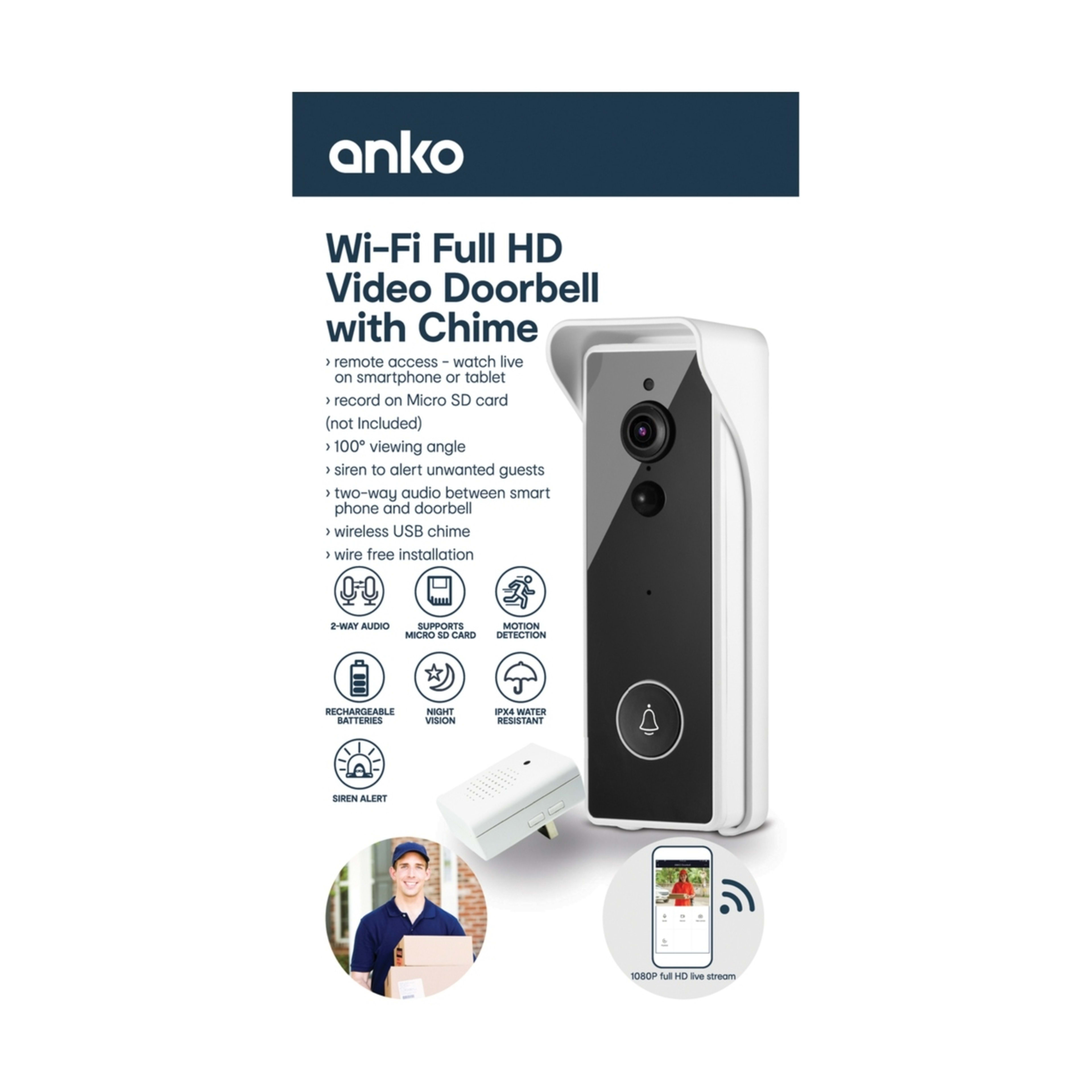 Smart WiFi Outdoor Battery Doorbell 1080P with Wireless USB Chime Kmart