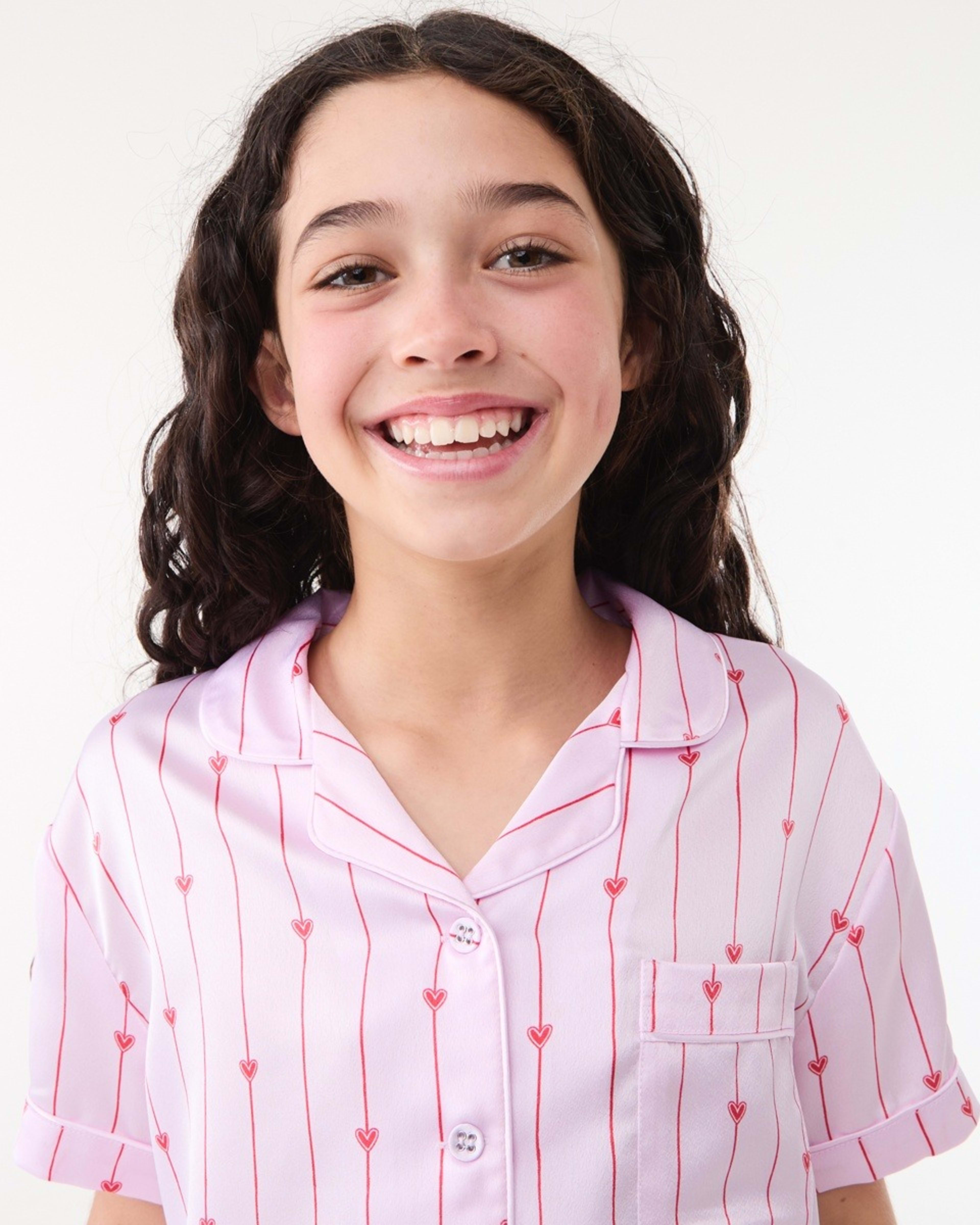 3 Short Sleeve Satin Pyjama Set PINK STRIPE HEARTS, 3 of 6