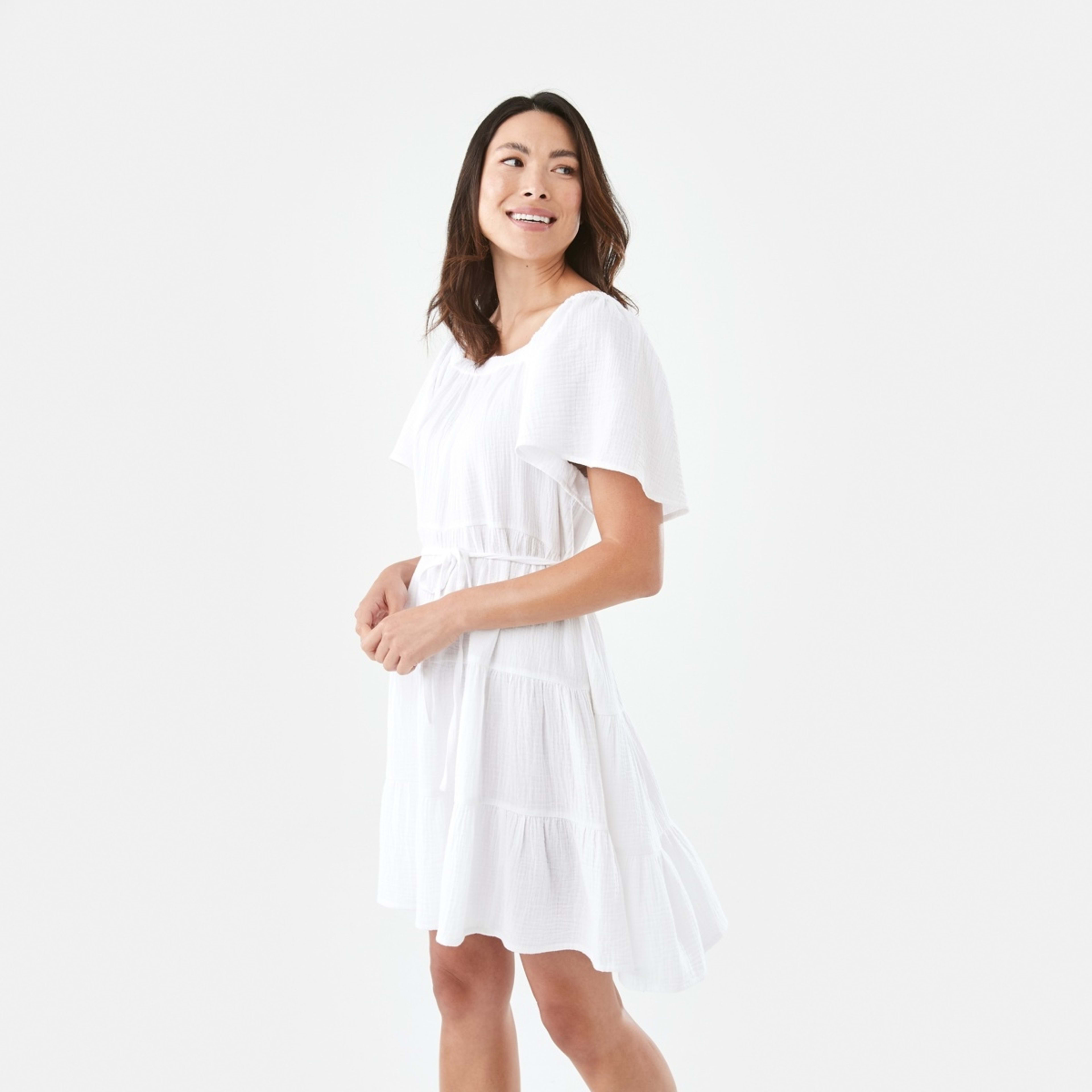 2 Short Sleeve Double Cloth Mini Dress White, 2 of 8