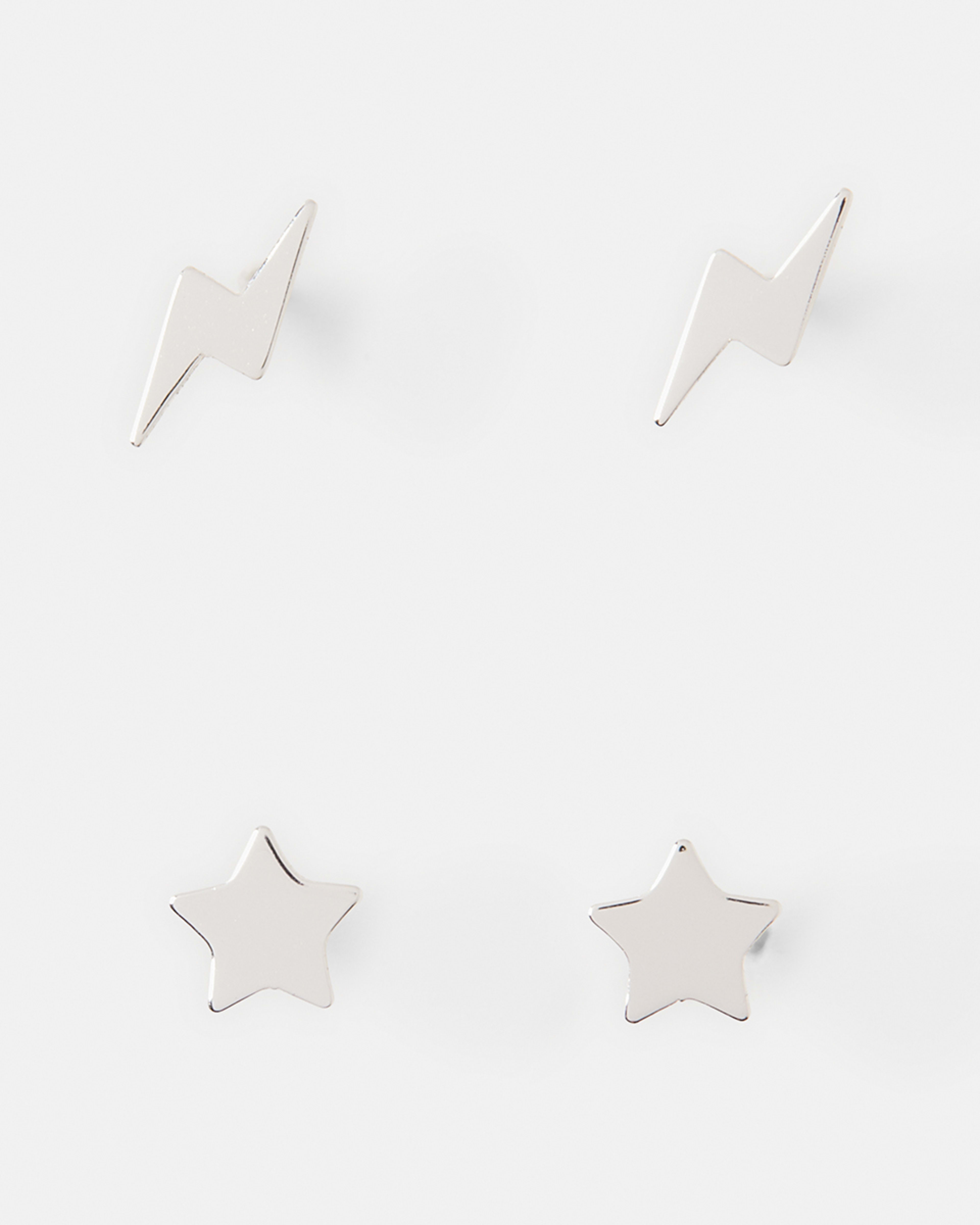 1 2 Pack Sterling Silver Star and Bolt Stud Earrings Silver