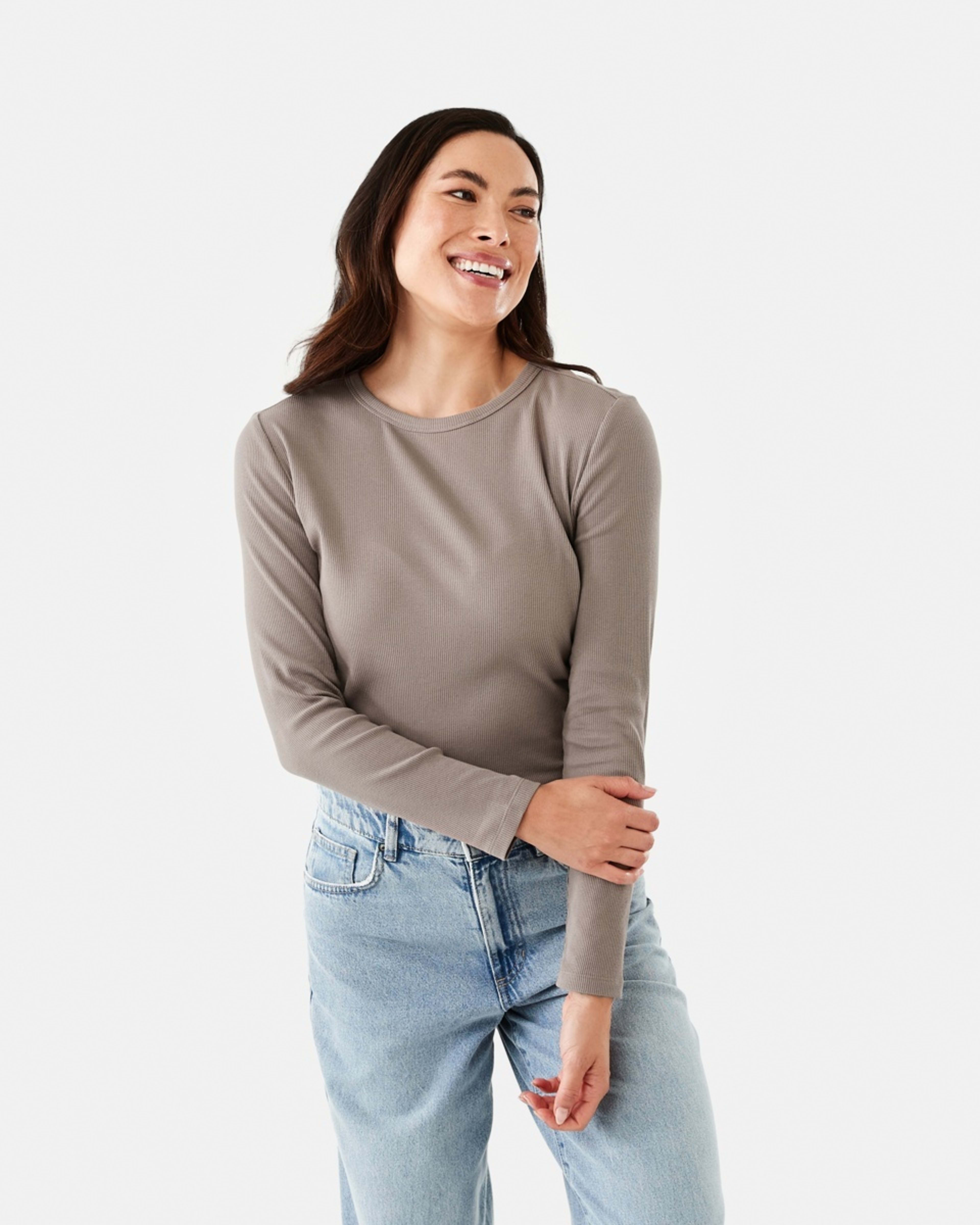 1 Long Sleeve Rib Crew T-shirt Taupe Brn, 1 of 6