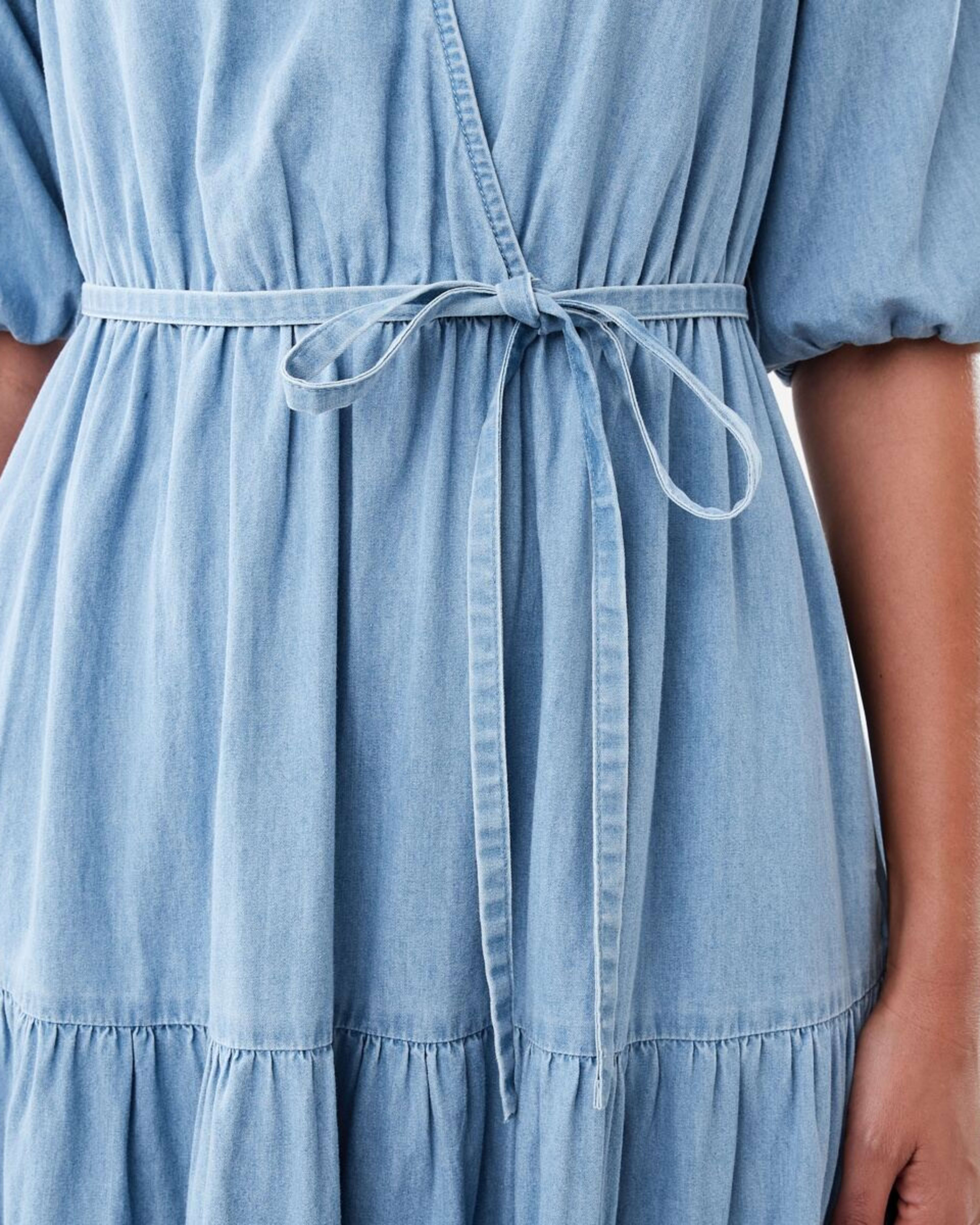 6 Short Sleeve Wrap Chambray Midi Dress Light Wash, 6 of 7