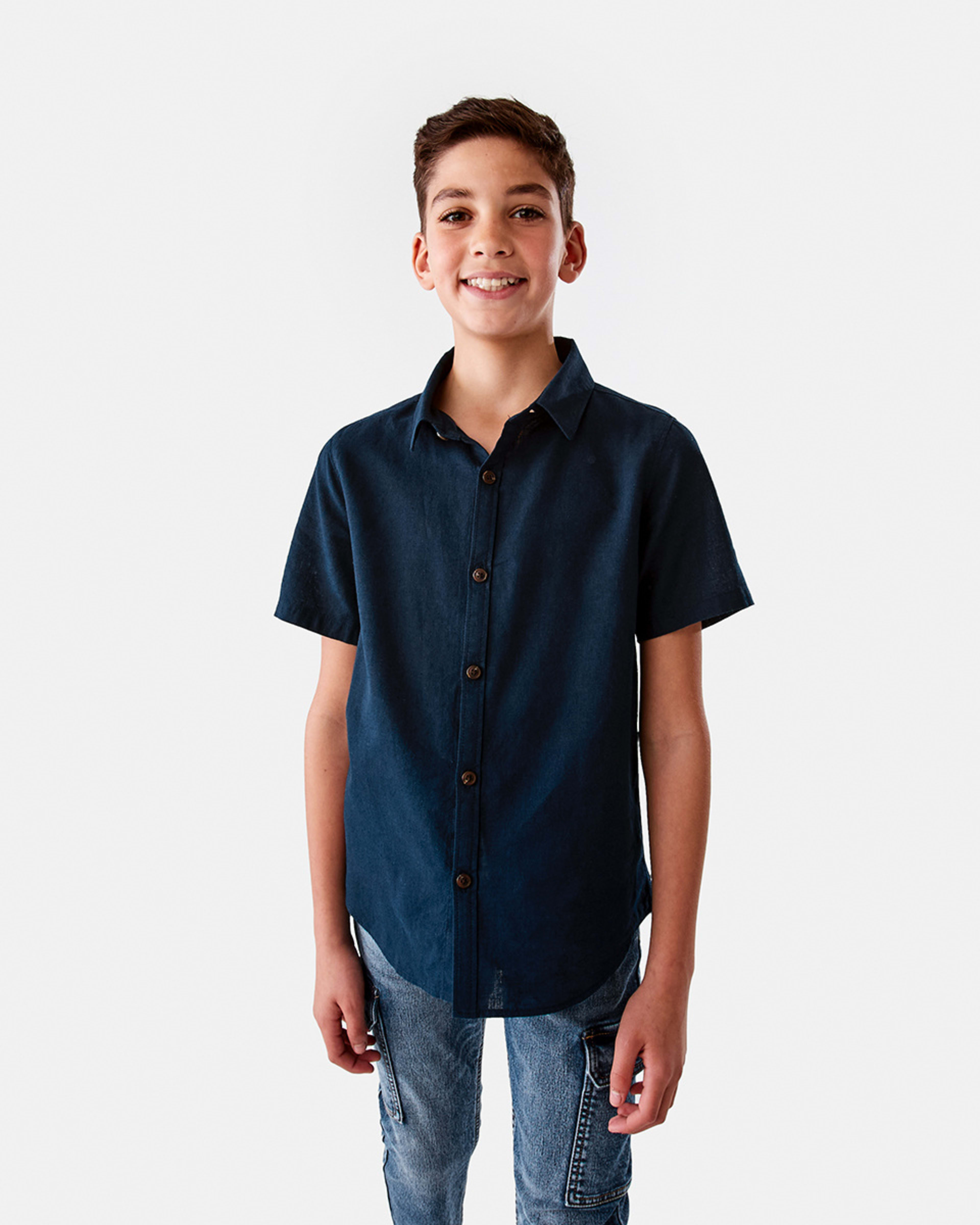 1 Short Sleeve Linen Shirt Dress Navy