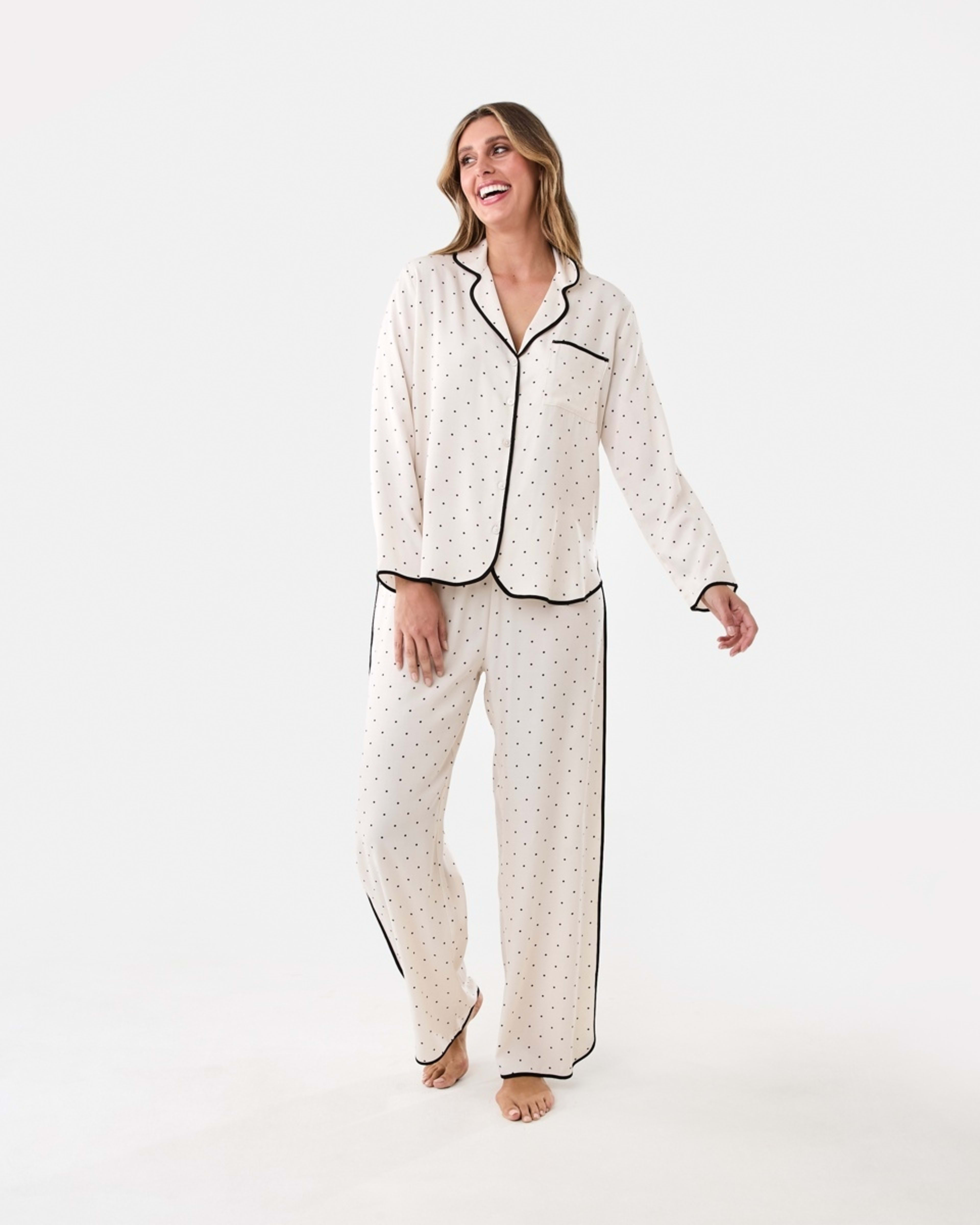 1 Matte Satin Long Sleeve Top and Pants Pyjama Set Pin Spot