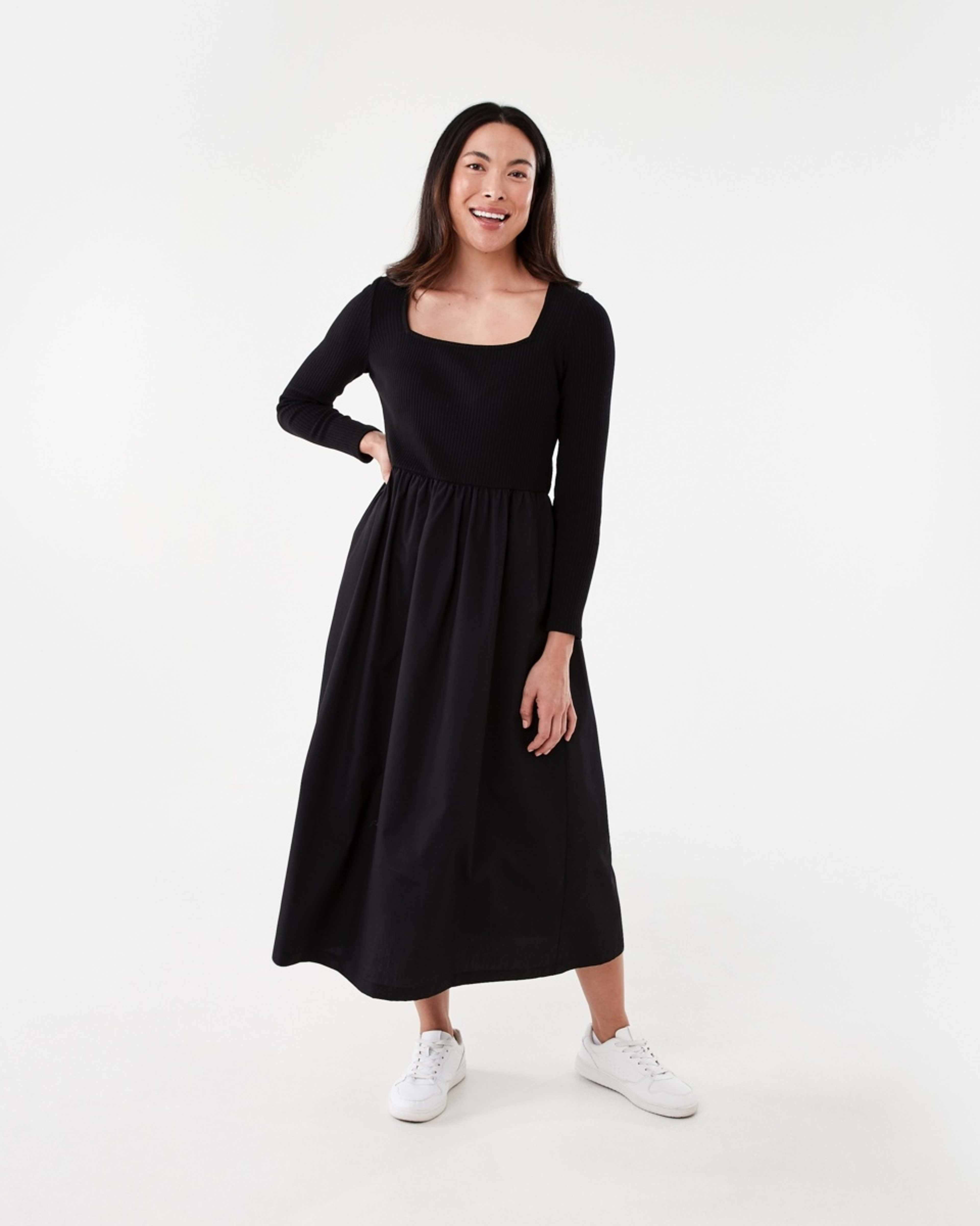 1 Long Sleeve Knit Woven Midi Dress Black