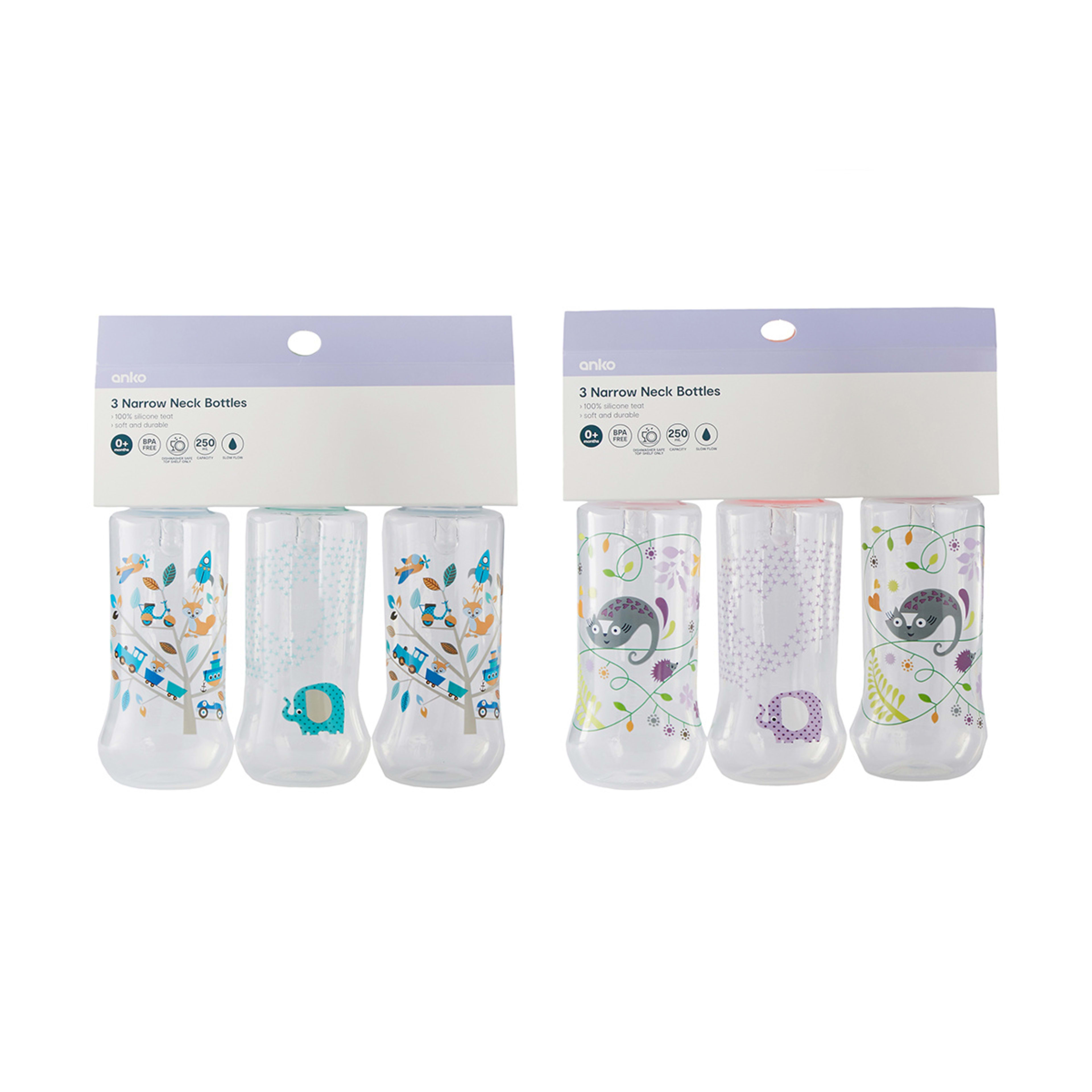 3 Pack 250ml Narrow Neck Baby Feeding Bottles Assorted Kmart
