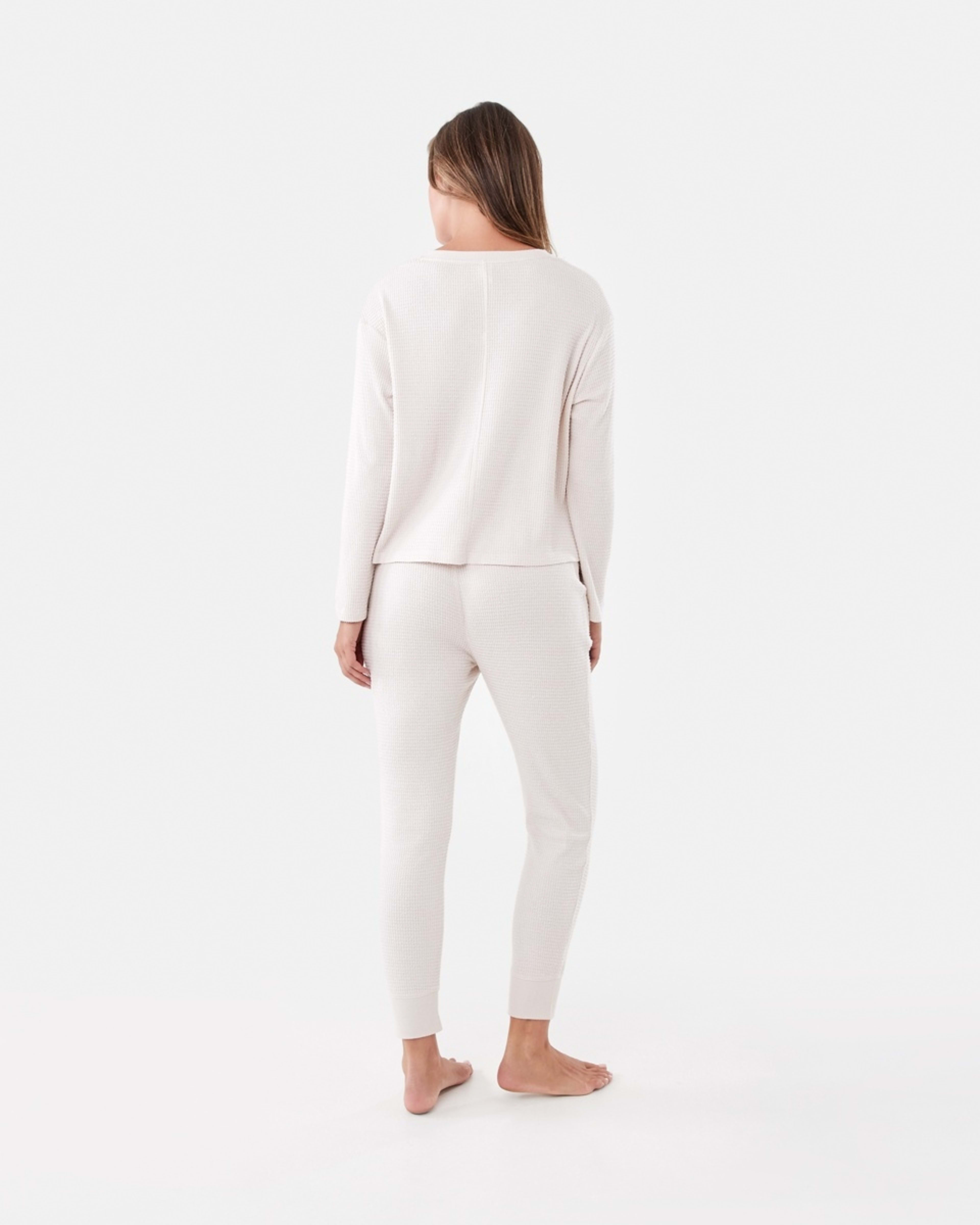 3 Waffle Long Sleeve Top and Pants Lounge Pyjama Set Beige Mrl, 3 of 7
