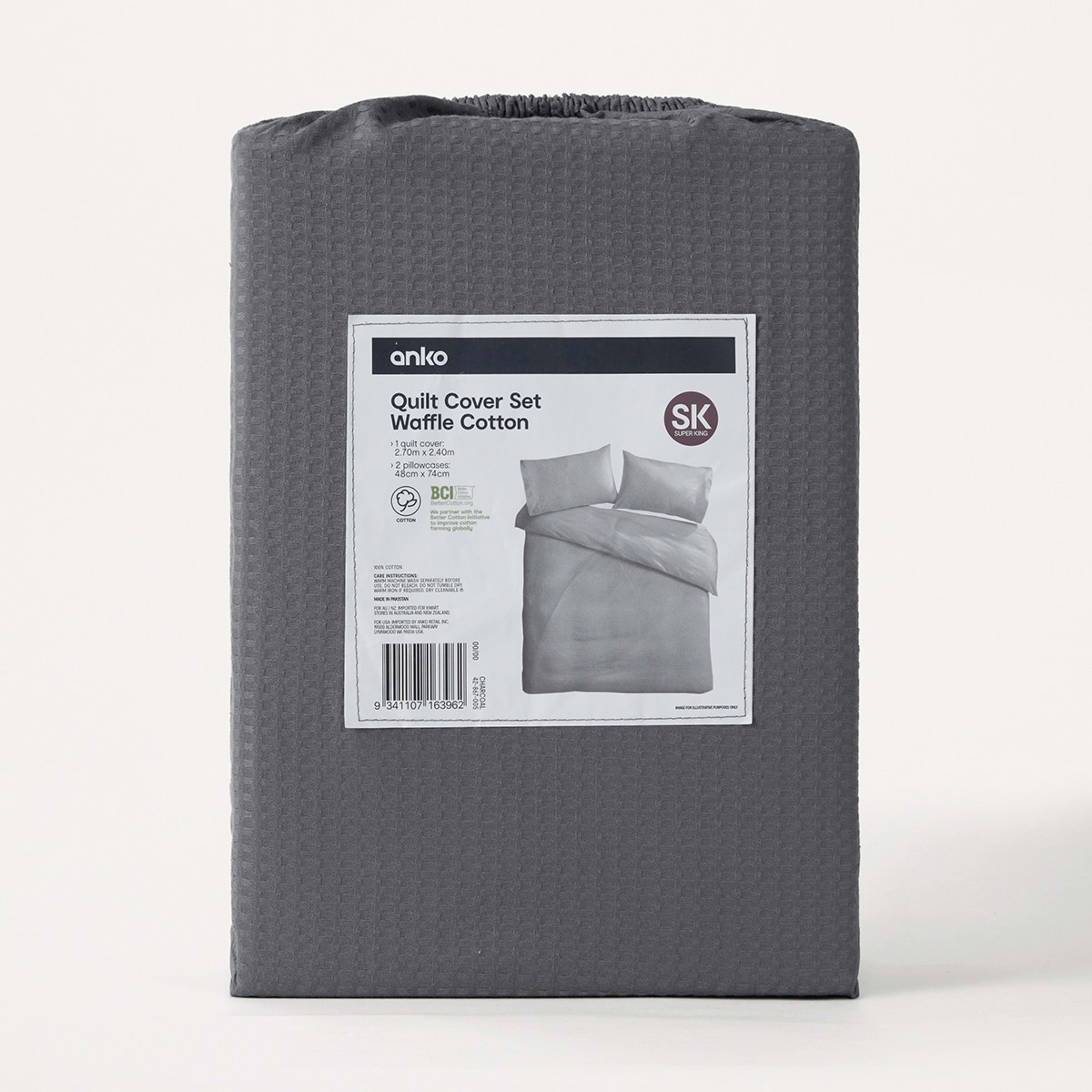 10 Waffle Cotton Quilt Cover Set - Super King, Charcoal, 10 of 10