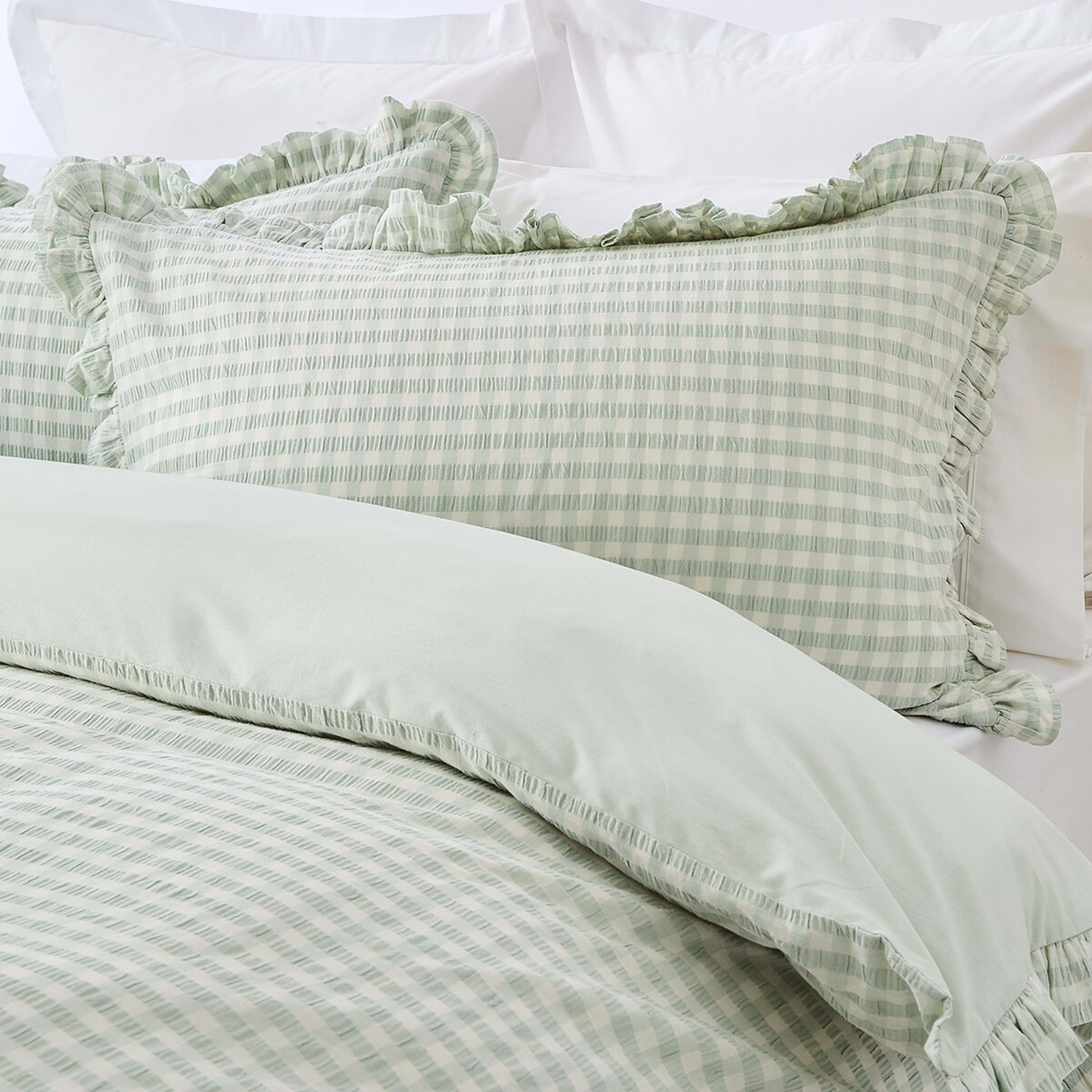 2 Gingham Ruffle Cotton Quilt Cover Set - Queen Bed, Sage, 2 of 6