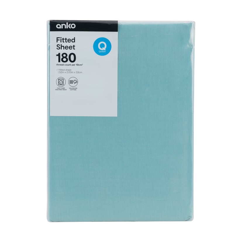 180 Thread Count Fitted Sheet Queen Bed, Aqua Kmart