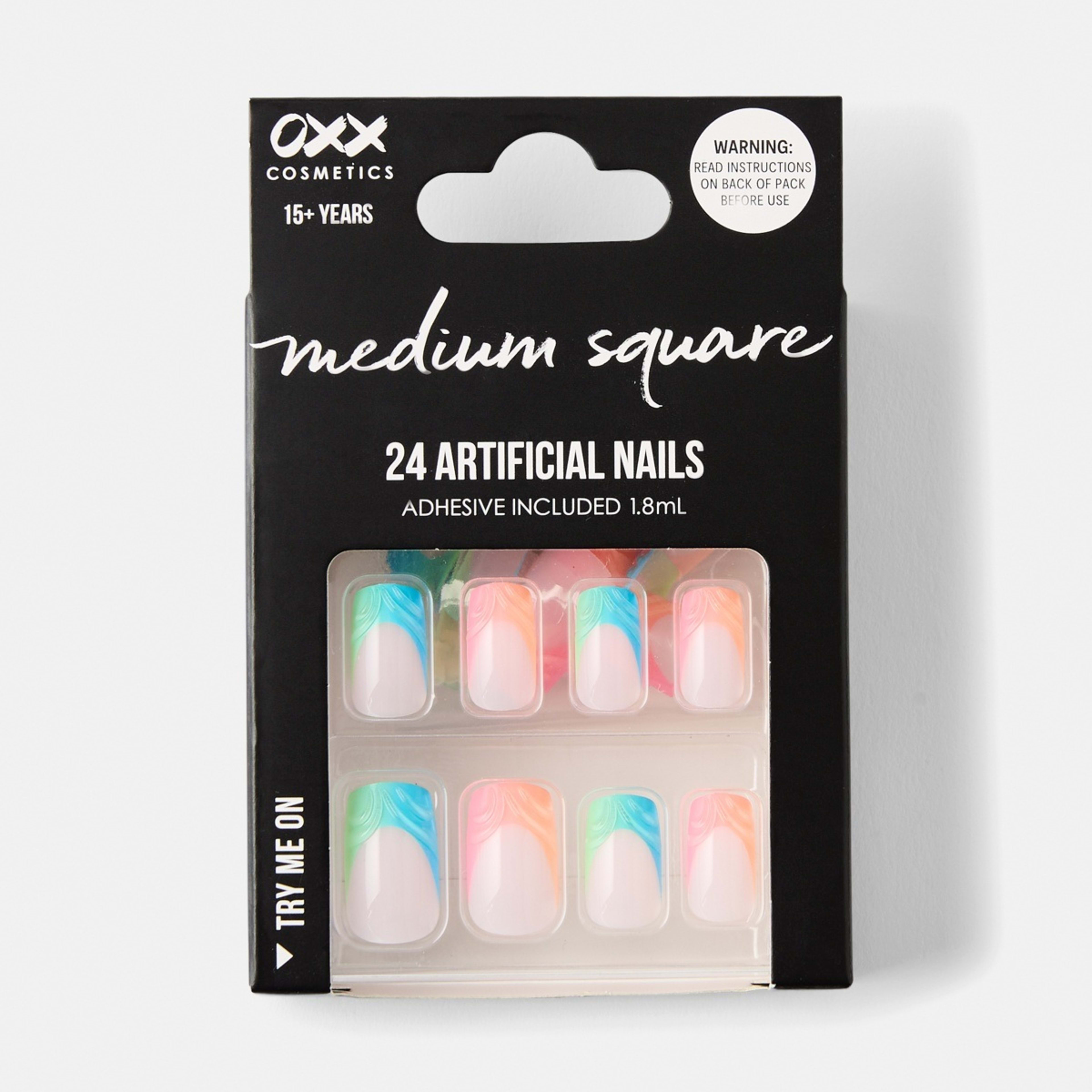 1 OXX Cosmetics 24 Pack Artificial Nails with Adhesive - Medium Square Shape, Neon Emboss
