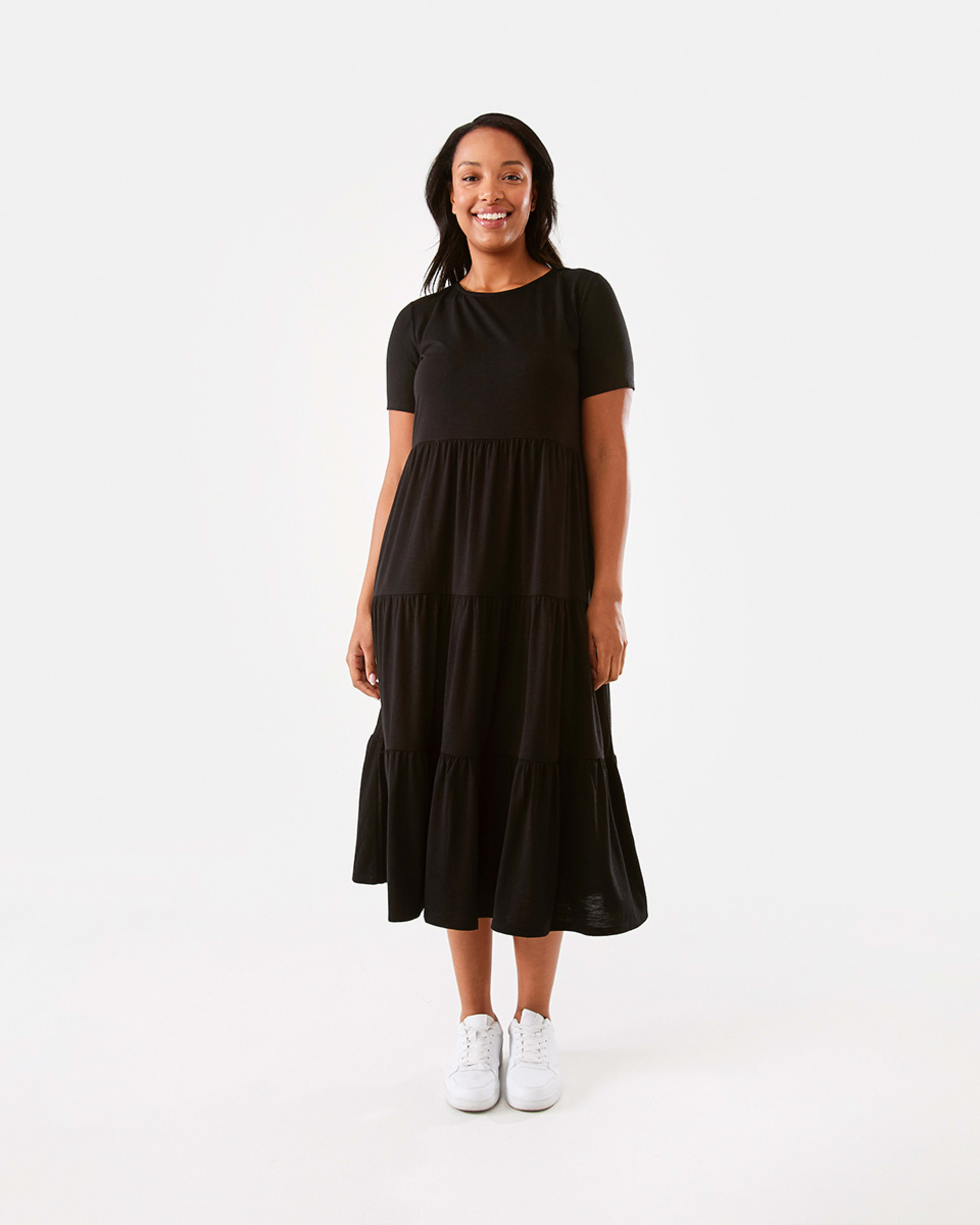 1 Short Sleeve Tiered Jersey Midi Dress Black