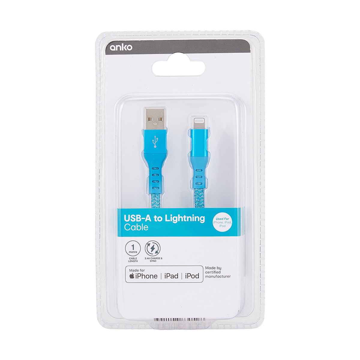 USB Lightning Metal Cable 1m Blue Kmart
