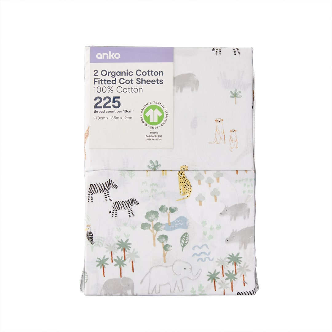 2 Pack Organic Cotton Fitted Cot Sheets Safari Kmart