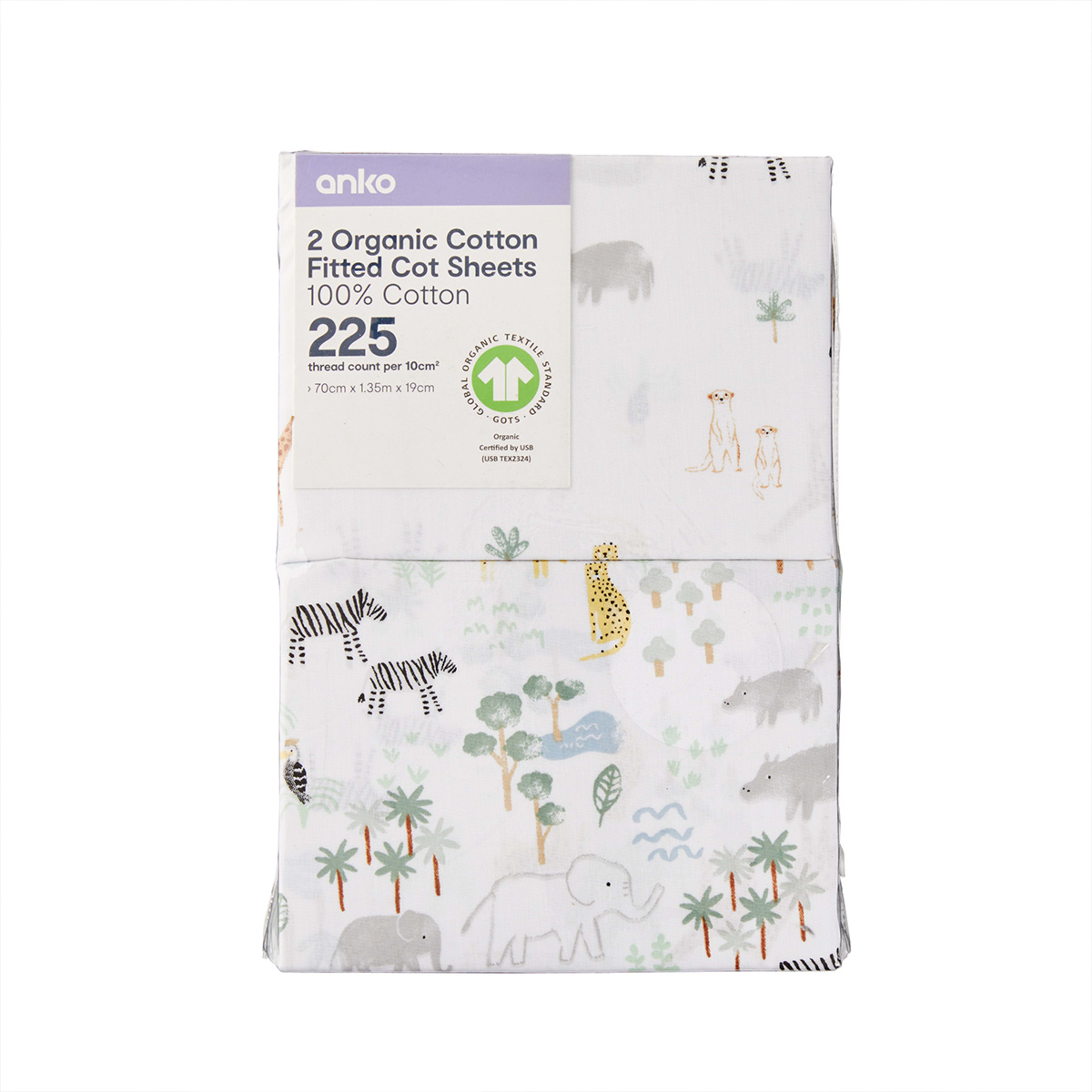 2 Pack Organic Cotton Fitted Cot Sheets Safari Kmart