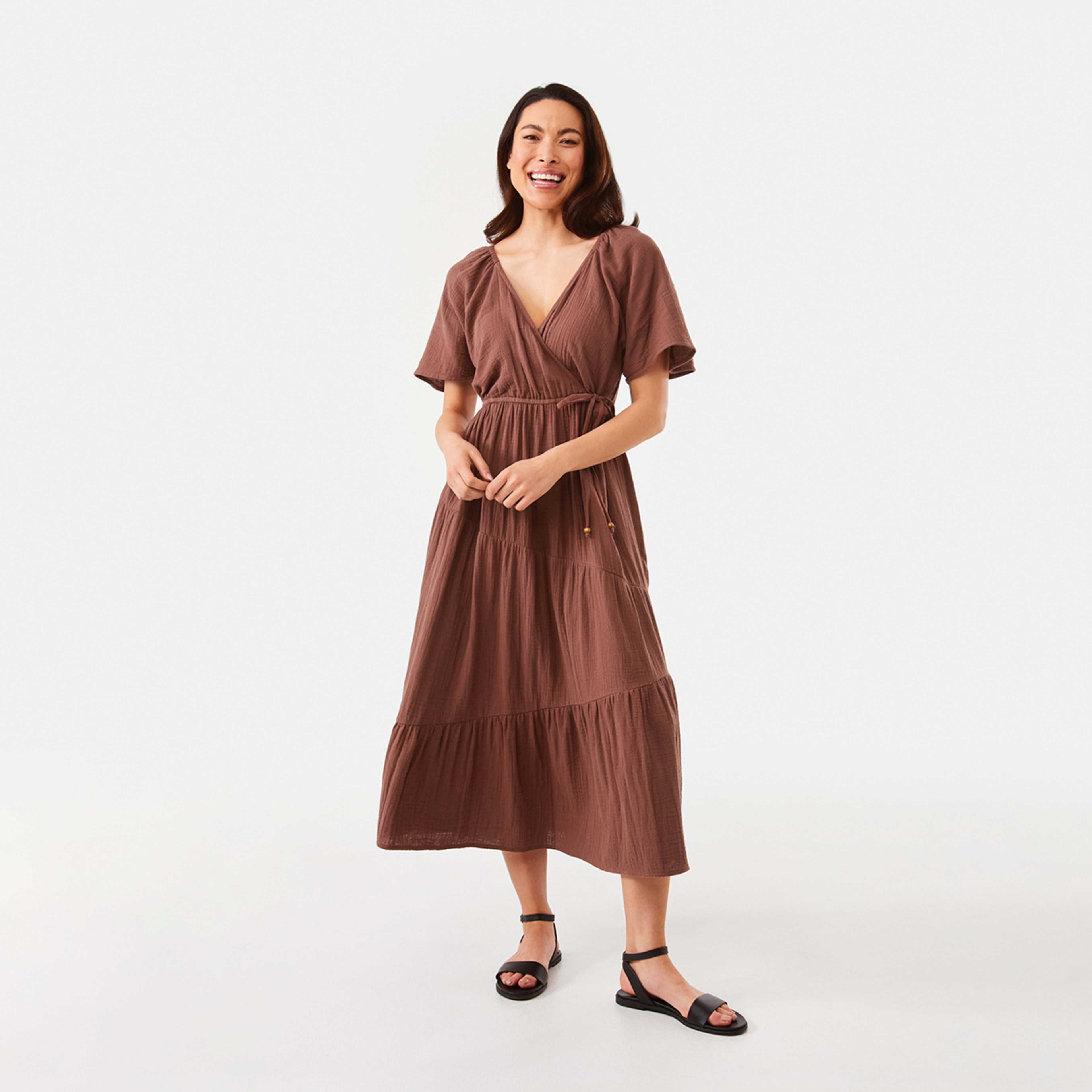 1 Short Sleeve Wrap Tiered Midi Dress Cacao Bean, 1 of 6