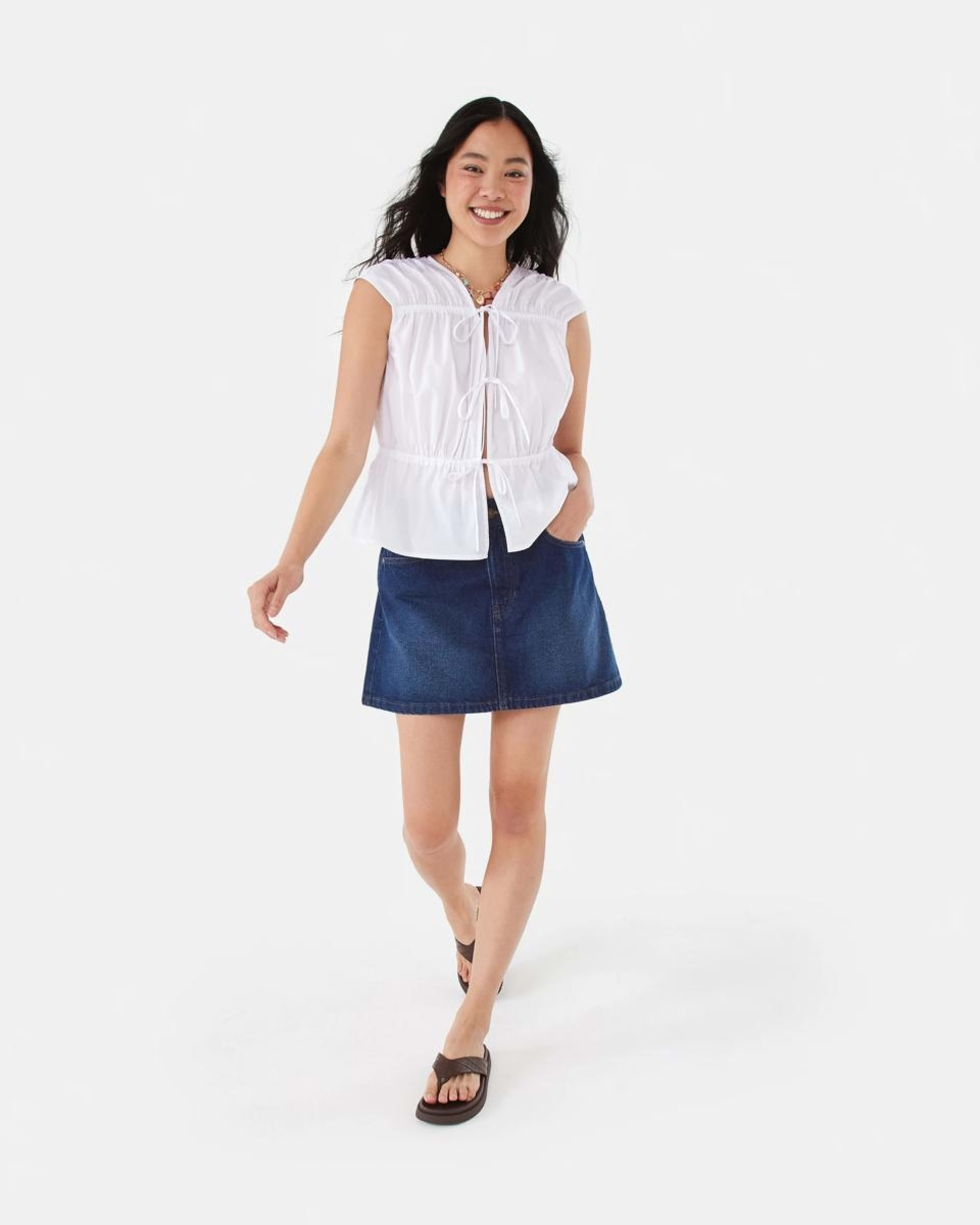 2 Sleeveless Poplin Gathered Tie Top WHITE, 2 of 9
