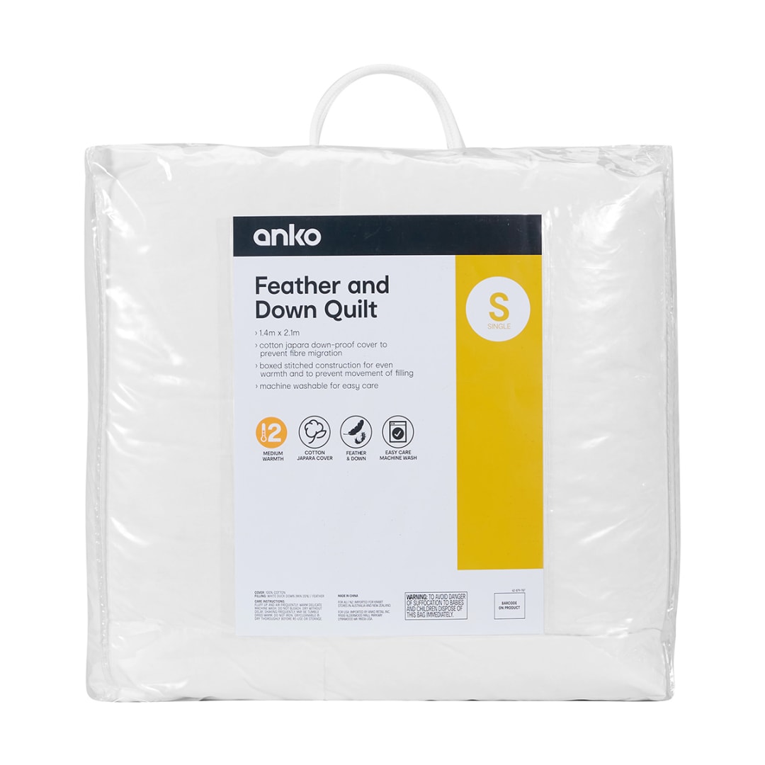 Medium Warmth Feather and Down Quilt Single Bed, White Kmart