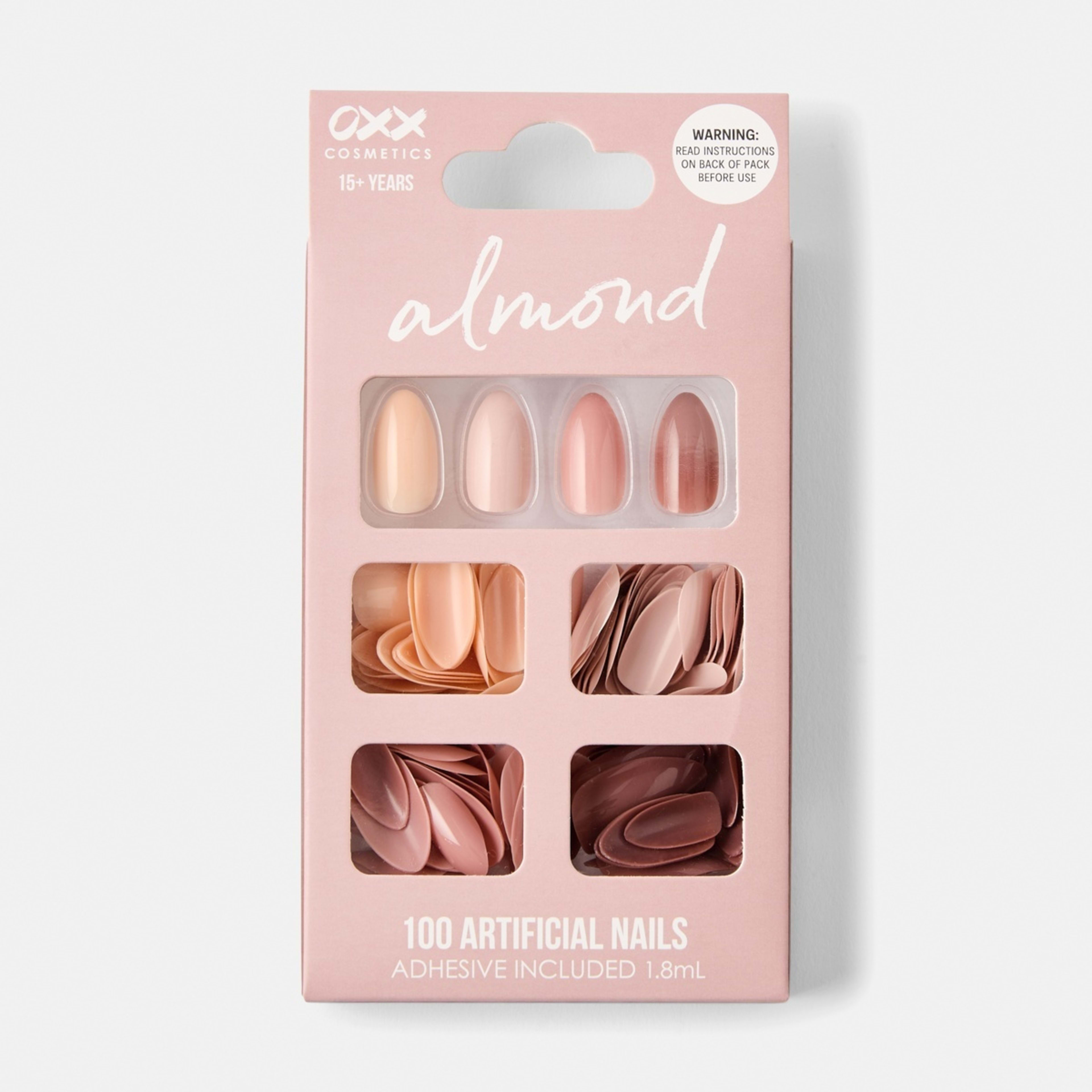 1 OXX Cosmetics 100 Pack Artificial Nails with Adhesive - Almond Shape, Nude