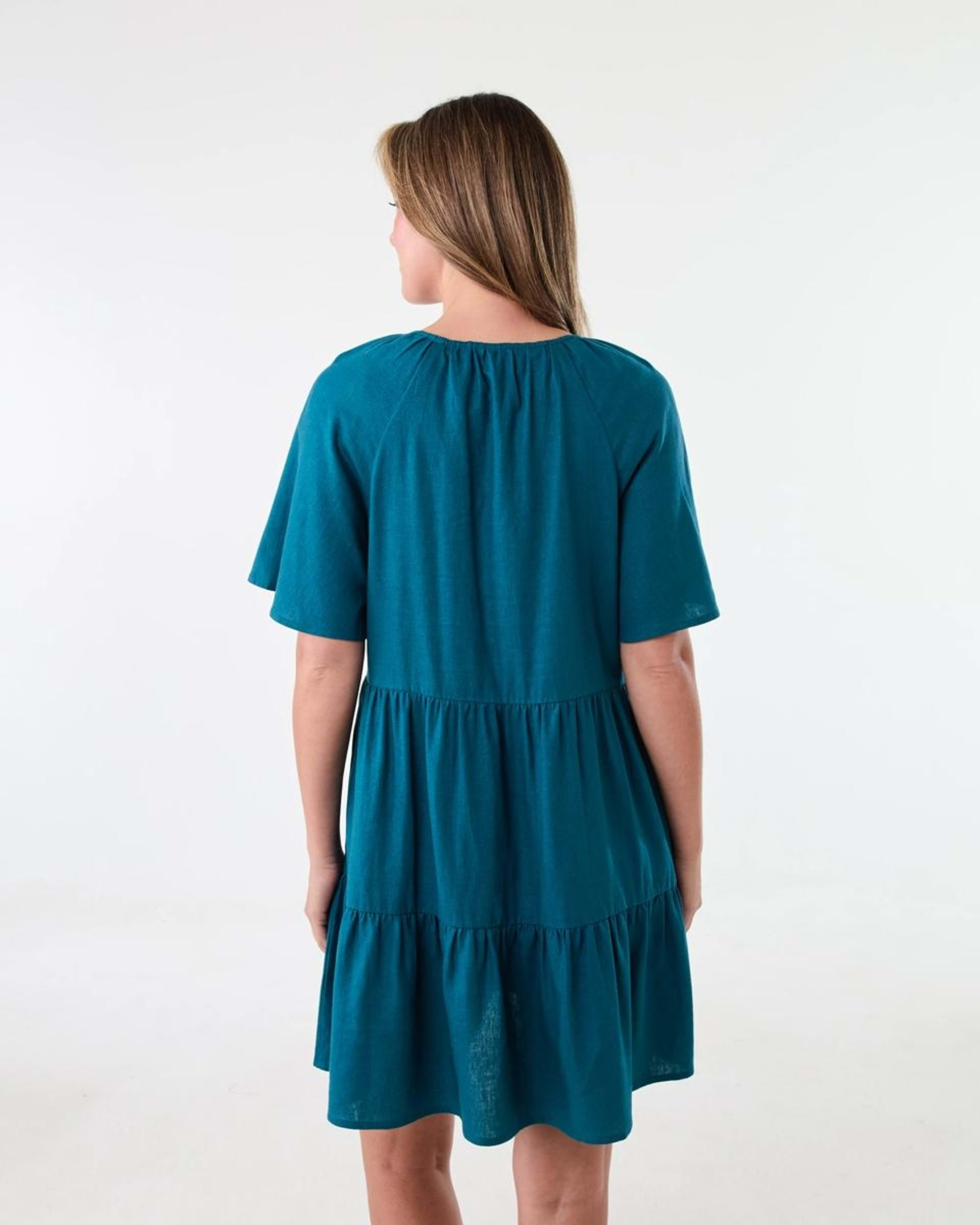 3 Short Sleeve Linen Blend Tiered Mini Dress Teal Coral, 3 of 9