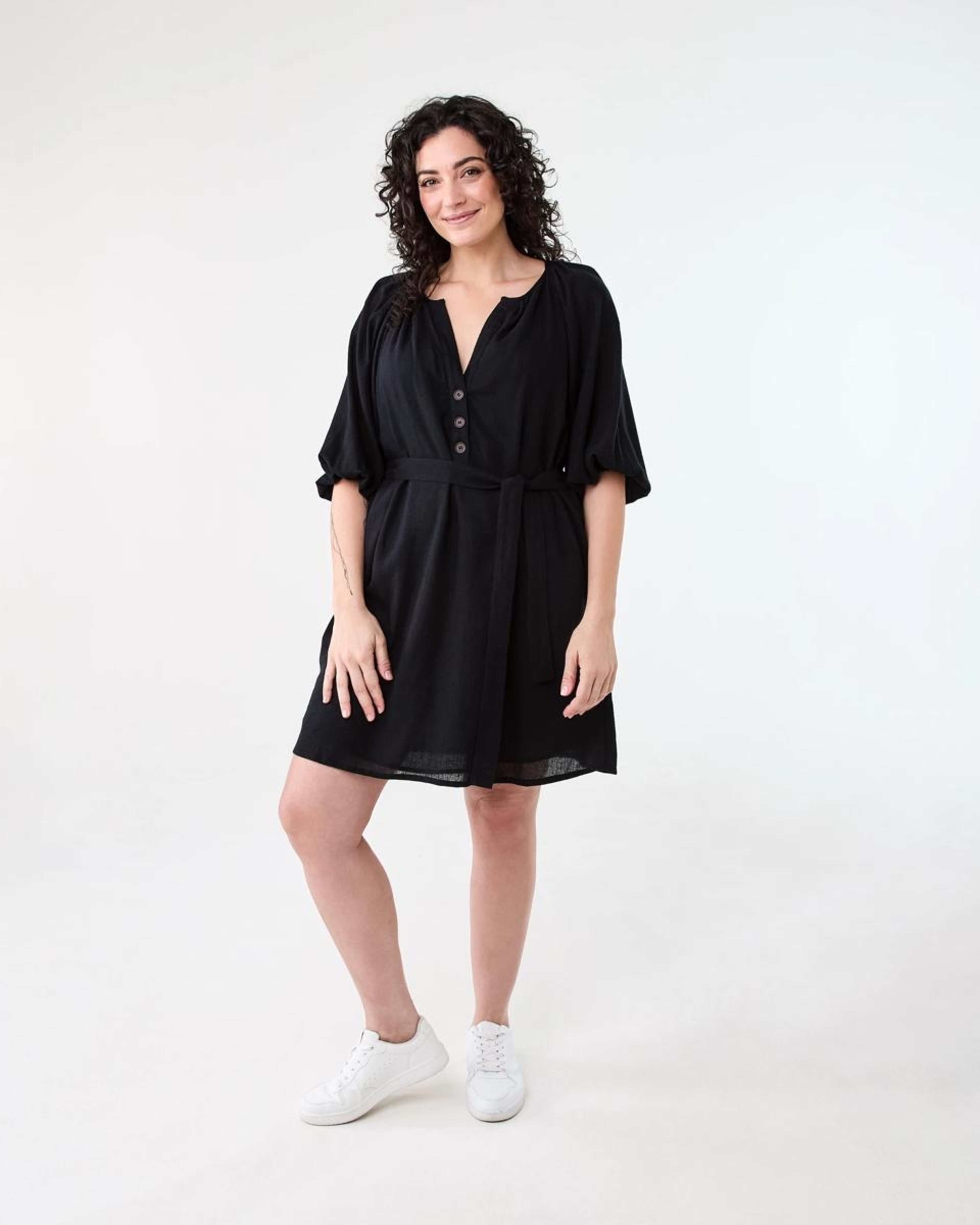 8 Elbow Sleeve Linen Blend Mini Dress BLACK, 8 of 8