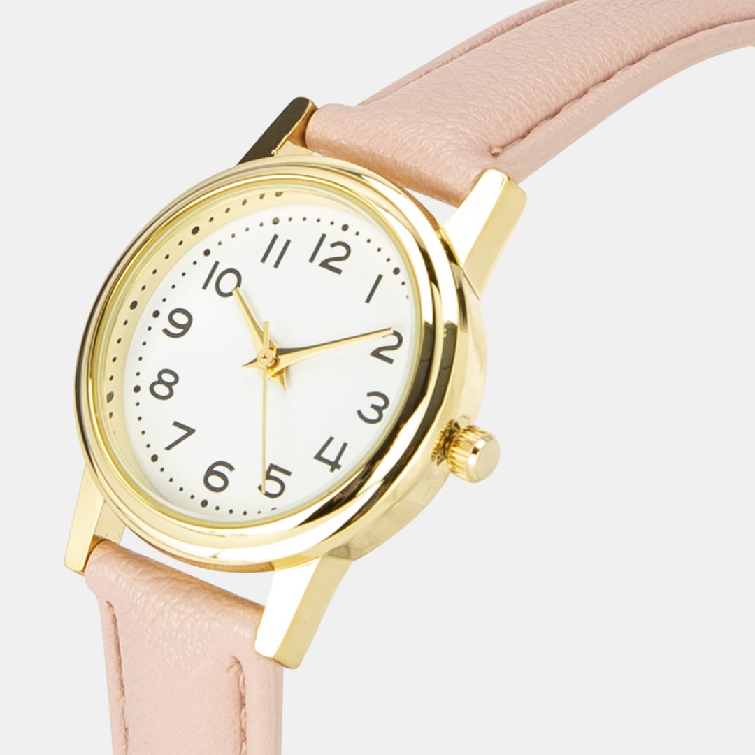 Womens Analogue Watch with Gold Case & Peach Strap Kmart
