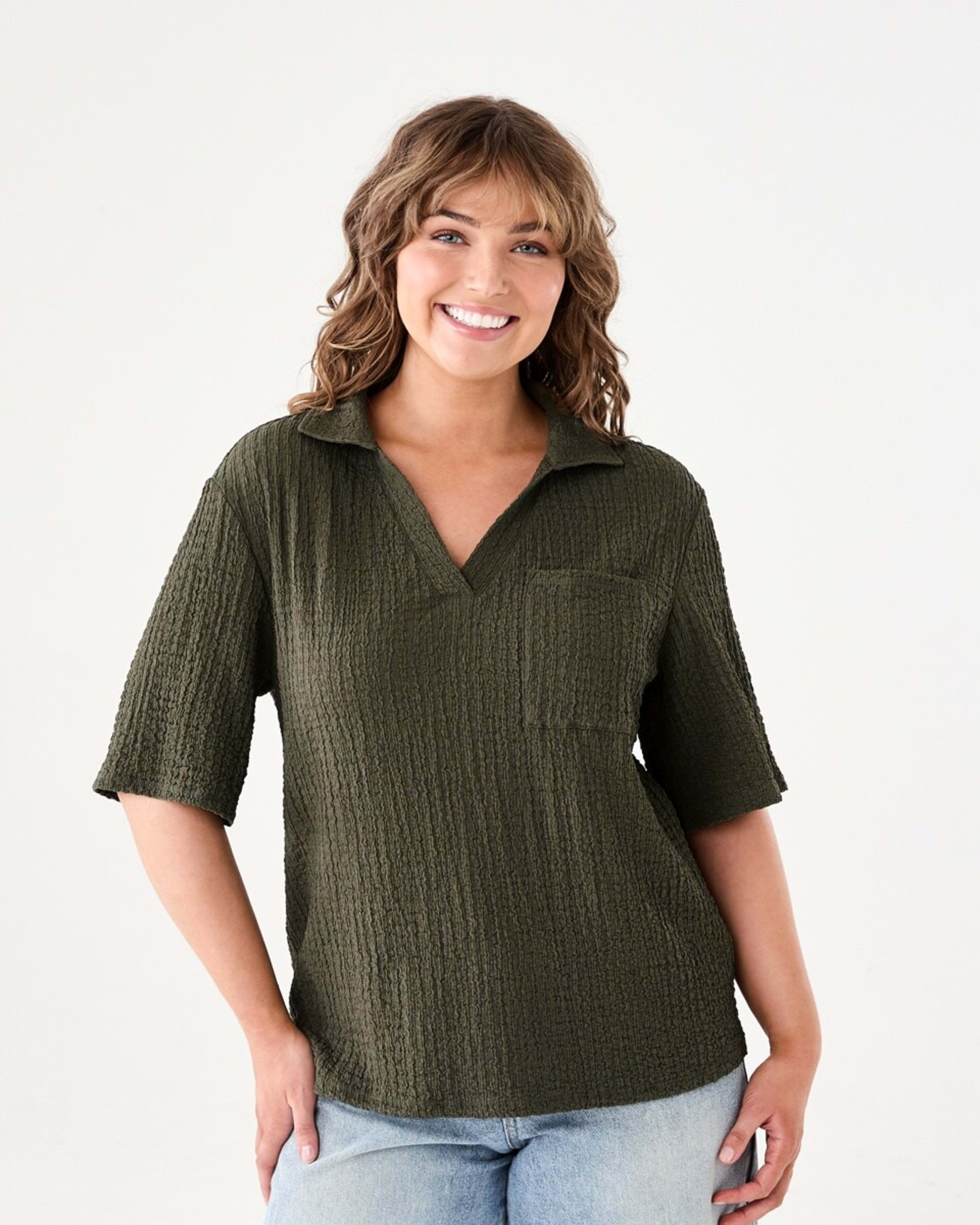 1 Short Sleeve Textured Polo Top BURNT OLIVE, 1 of 6