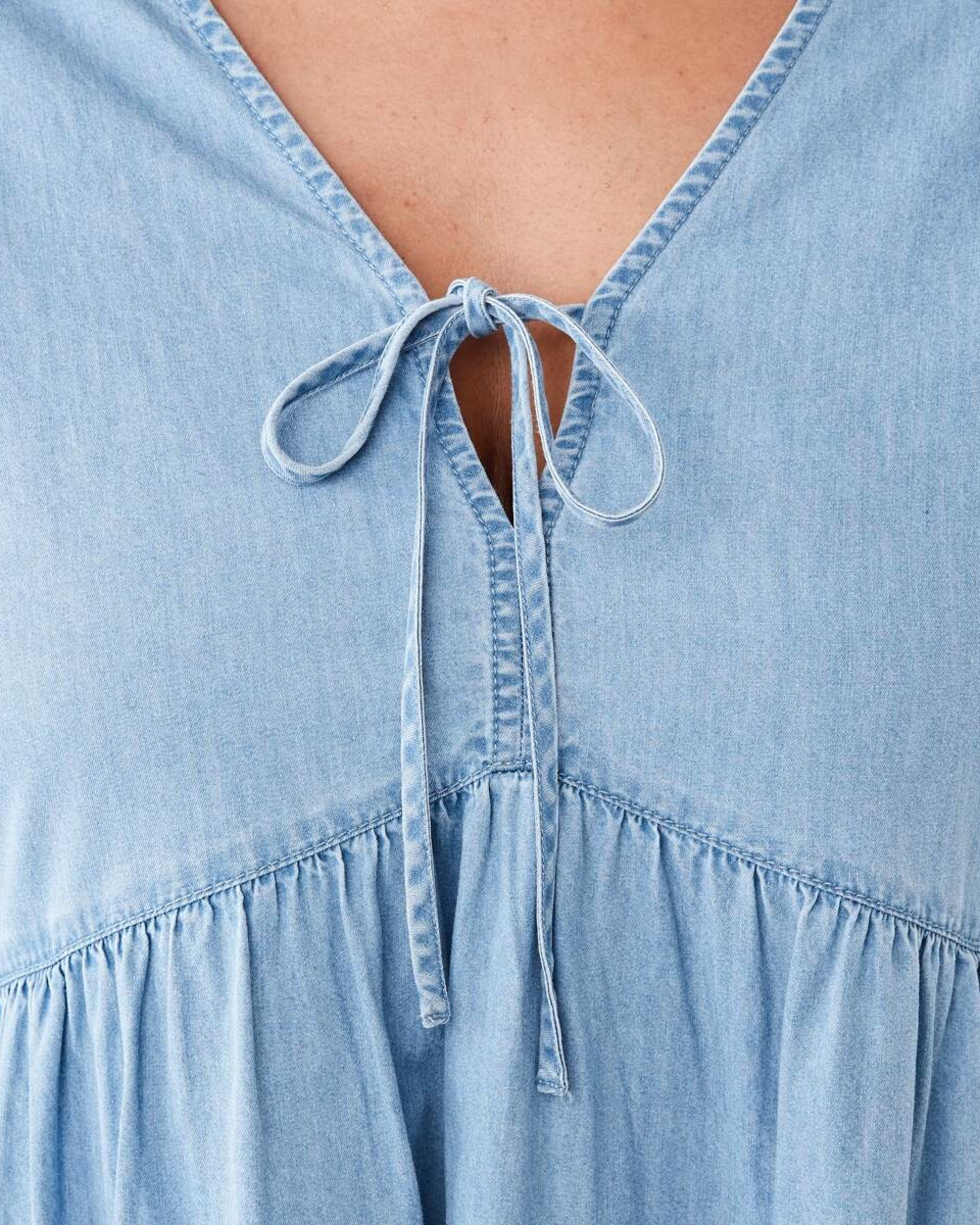 5 3/4 Balloon Sleeves Tie Front Mini Dress Light Wash, 5 of 7