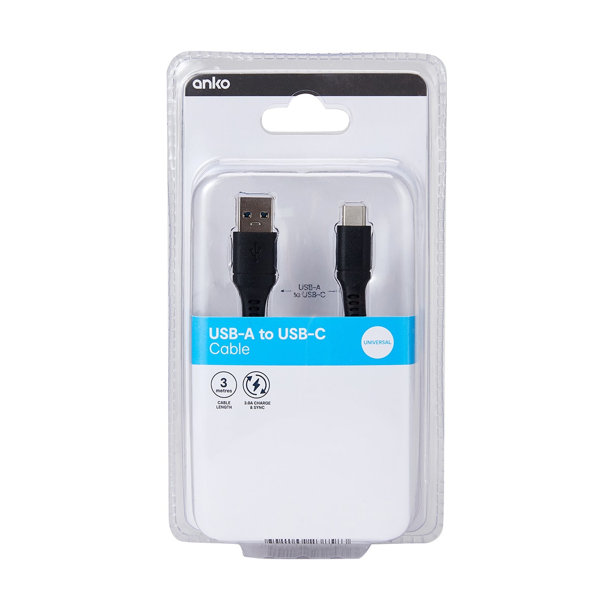 USBA to USBC Cable 3m, Black Kmart