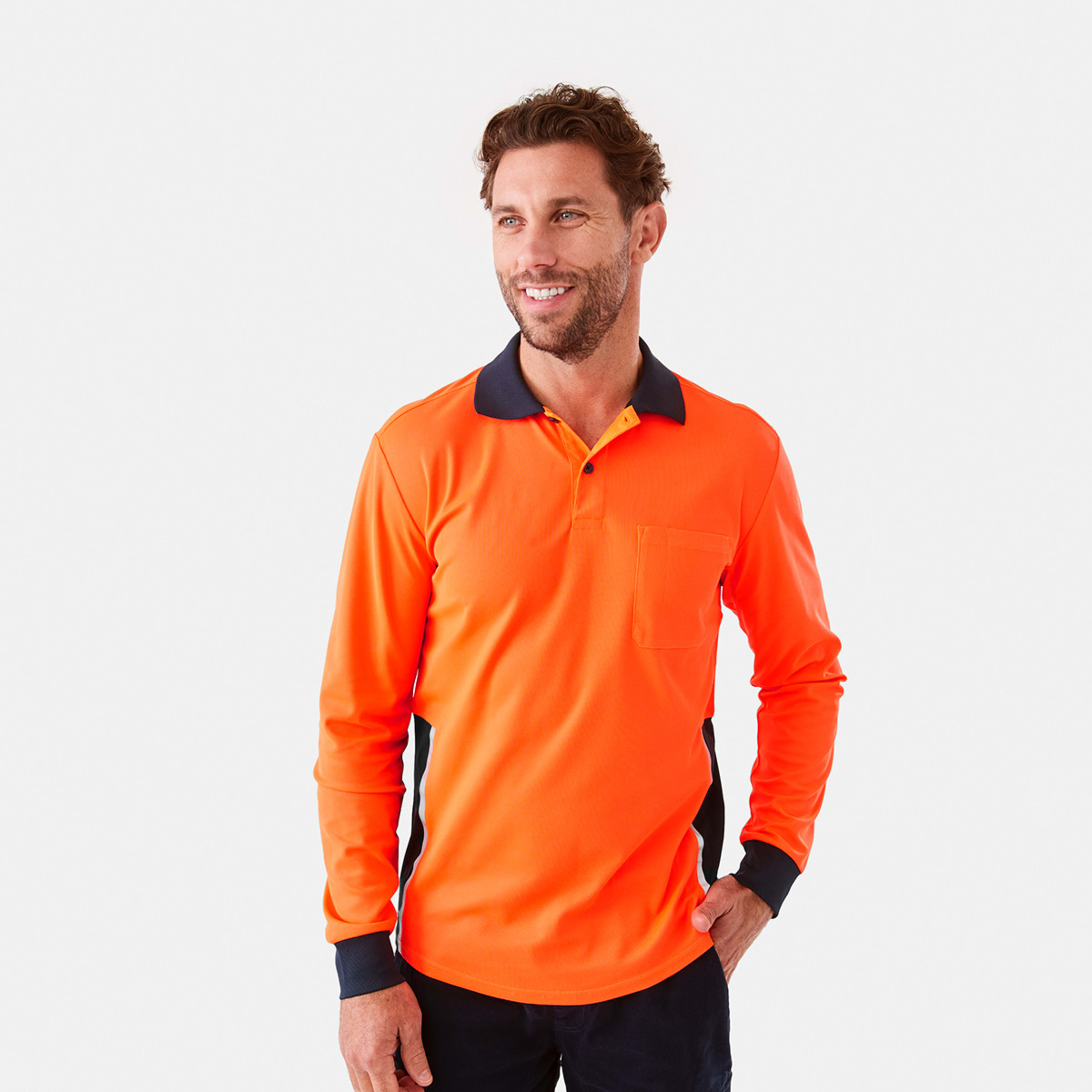 1 Workwear Long Sleeve Hi-Visibility Cool Polo Shirt Safety Orange, 1 of 7