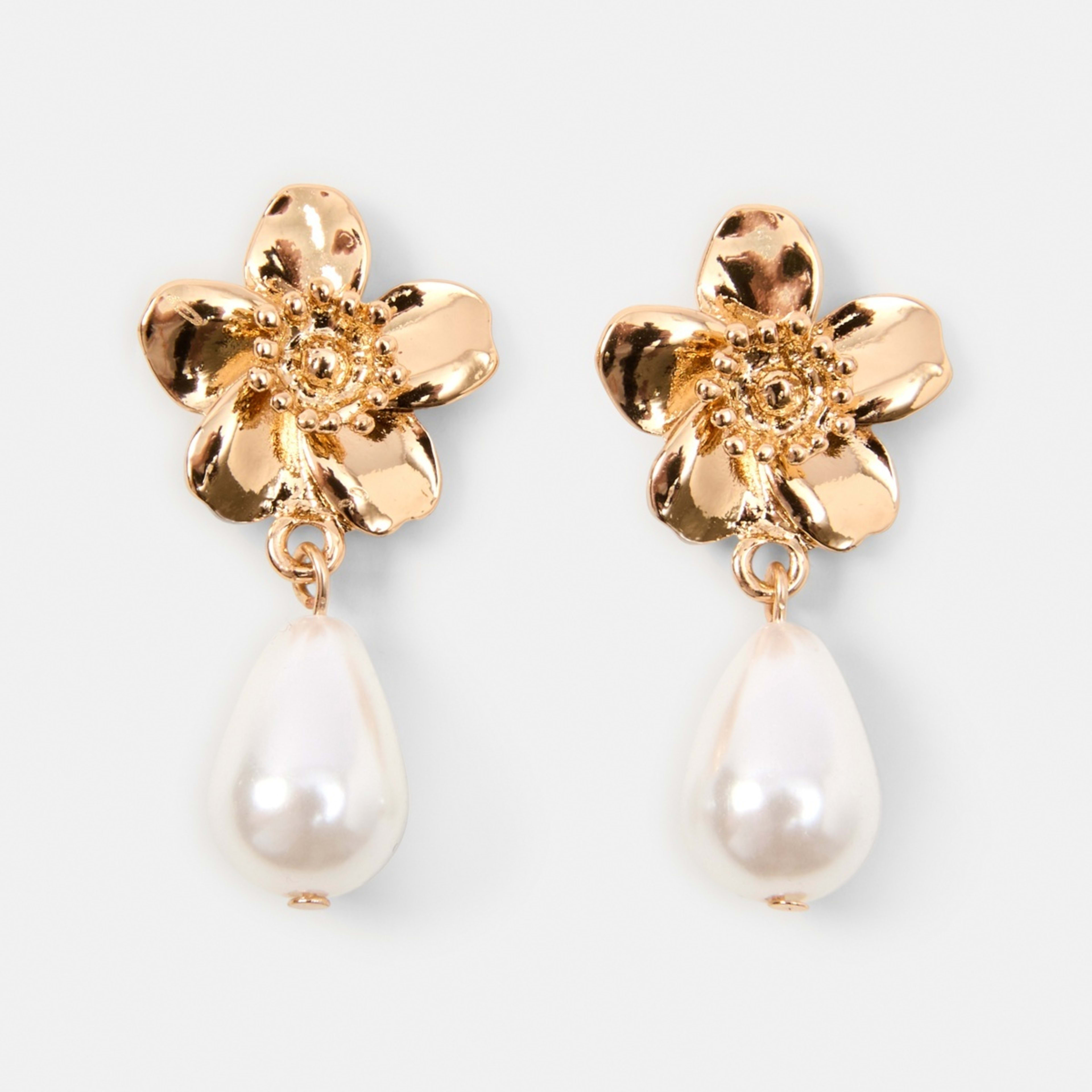 1 Small Flower and Faux Pearl Drop Earrings - Gold Tone Gold, 1 of 5