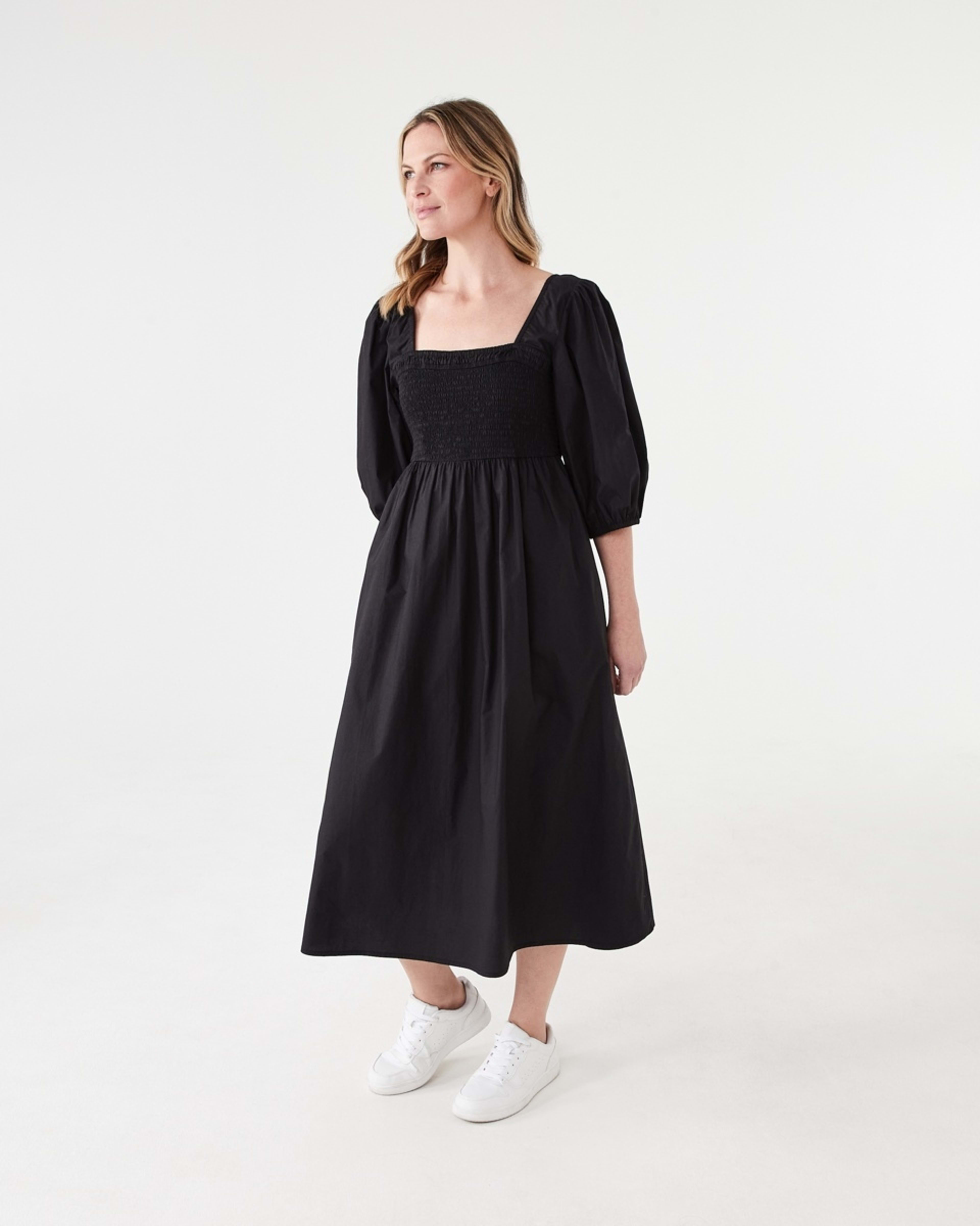 2 Short Sleeve Shirred Bodice Midi Dress BLACK, 2 of 6