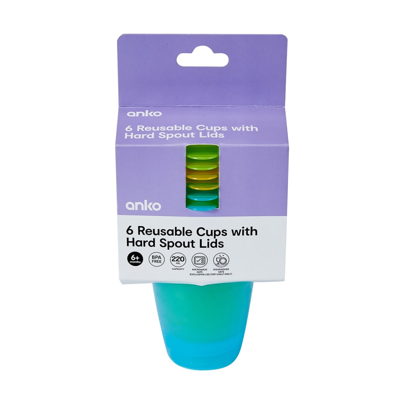 6 Pack Reusable Cups with Hard Spout Lids Kmart