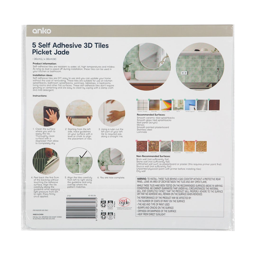 5 Pack Self Adhesive 3D Tiles Picket Jade Kmart