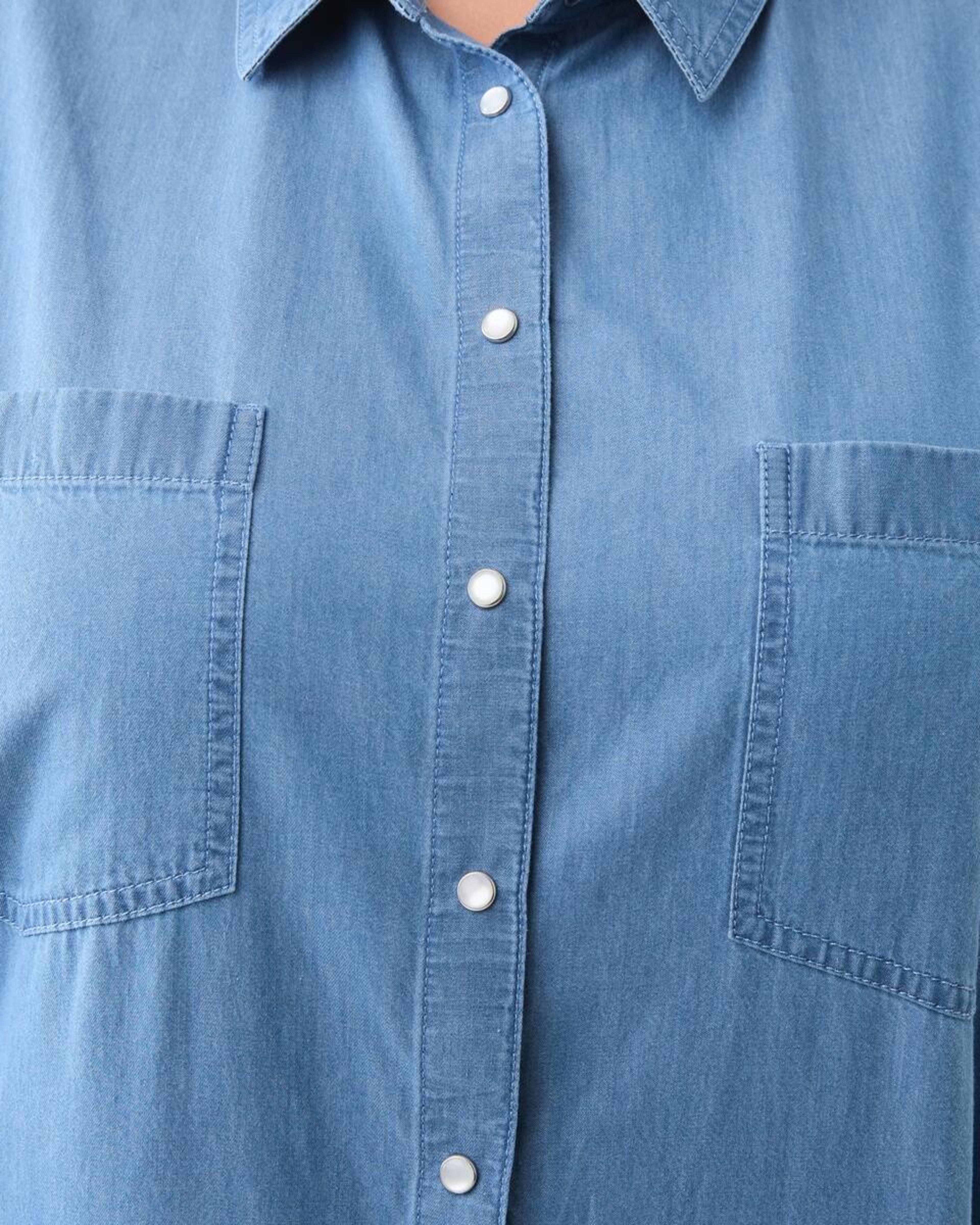 5 Curve Long Sleeve Denim Shirt Mid Blue Denim Wash, 5 of 5