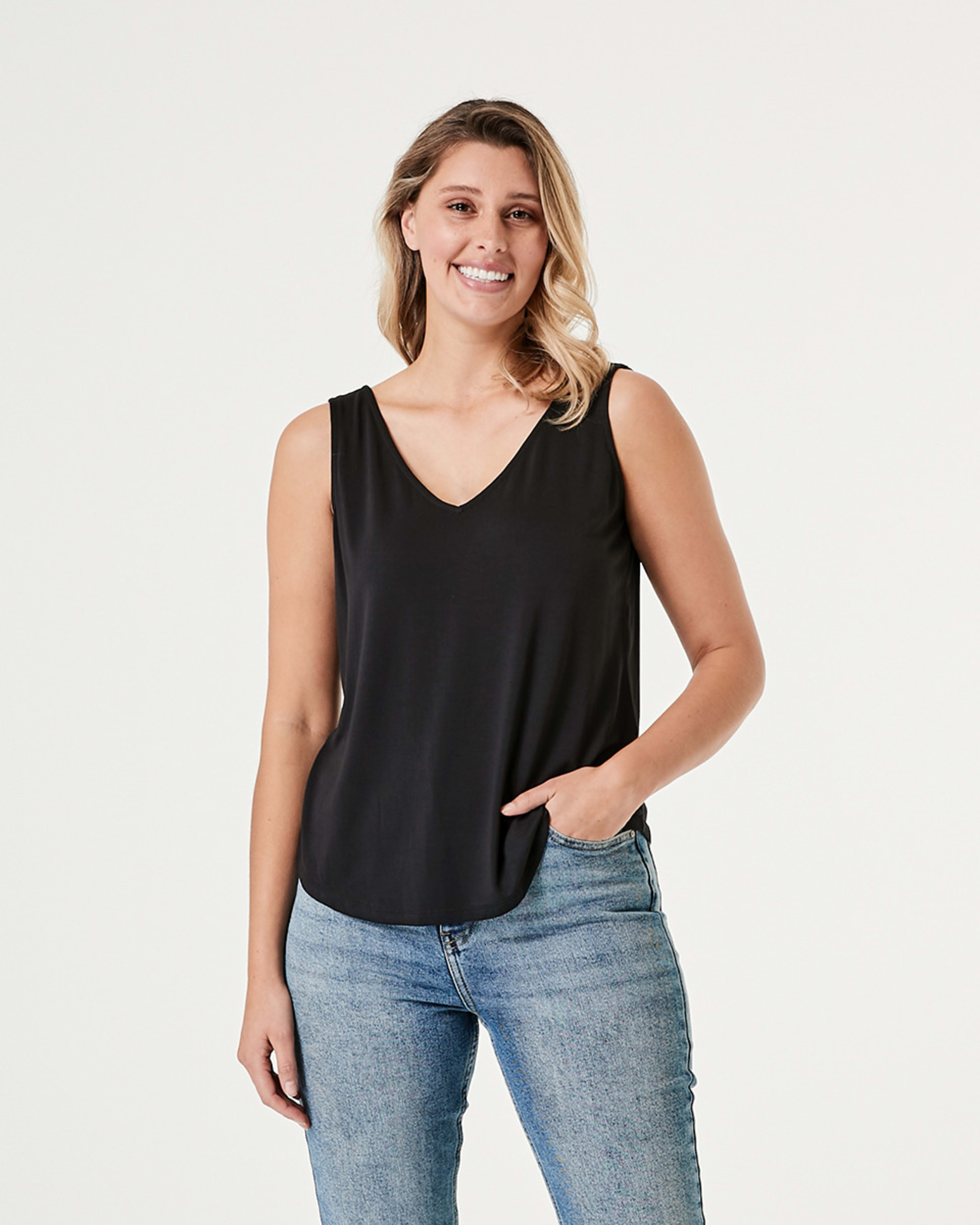 1 Sleeveless Double V-Neck Drape Tank Black, 1 of 4