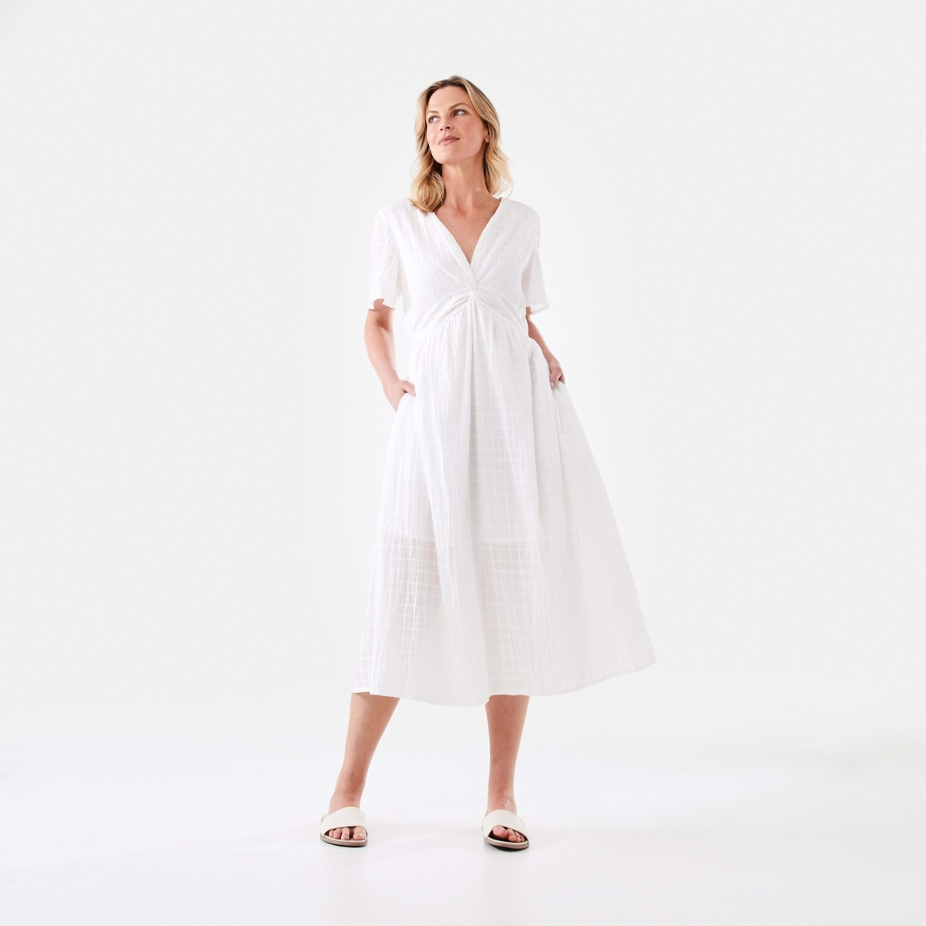 1 Short Sleeve Textured Twist Front Midi Dress White, 1 of 8