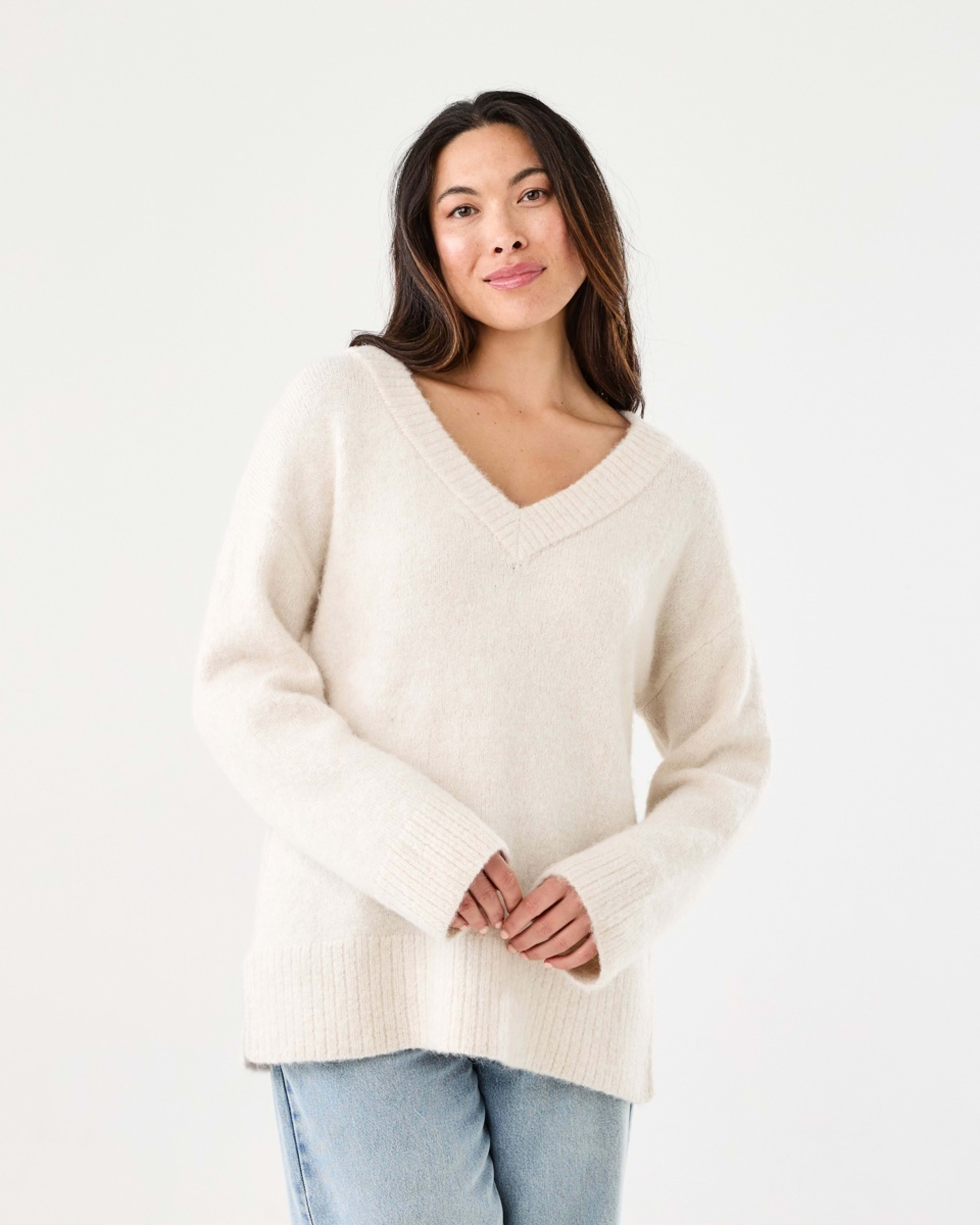 1 Fluffy V-Neck Jumper Beige Marl