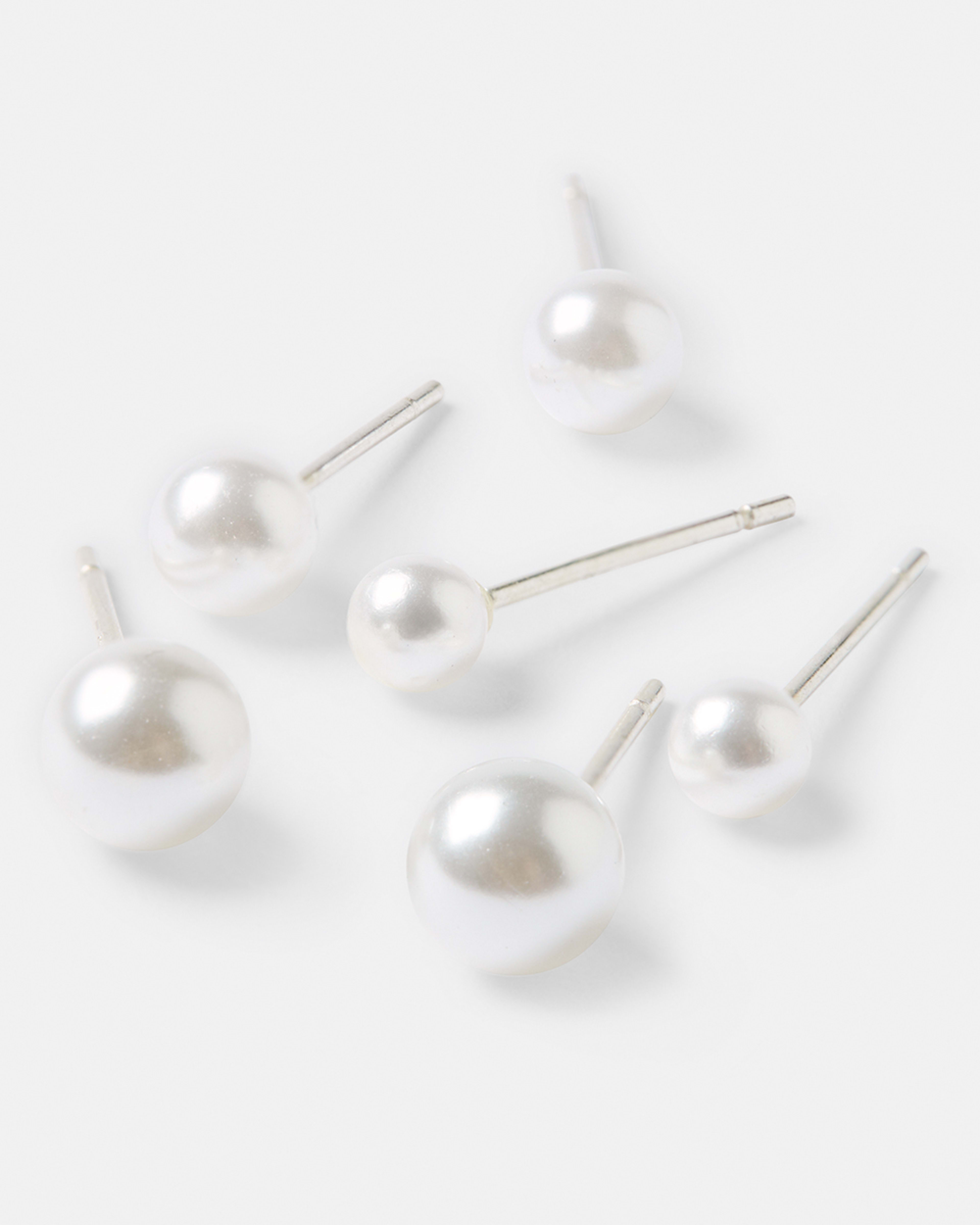 3 3 Pack Sterling Silver Faux Pearl Earrings Silver, 3 of 5
